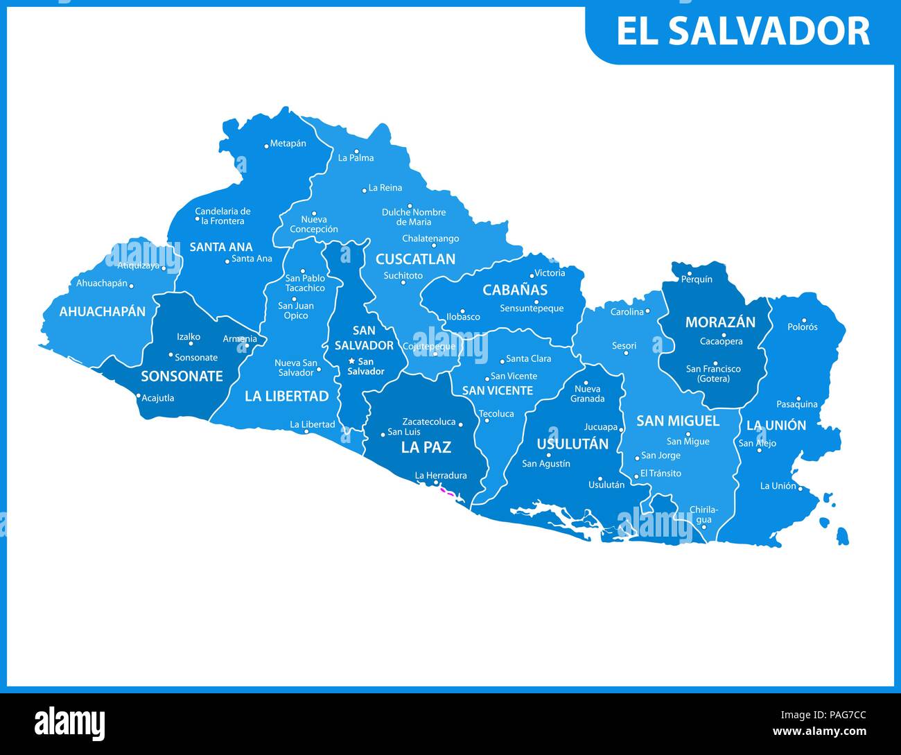 El detallado mapa de El Salvador con regiones o estados y ciudades capitales. División