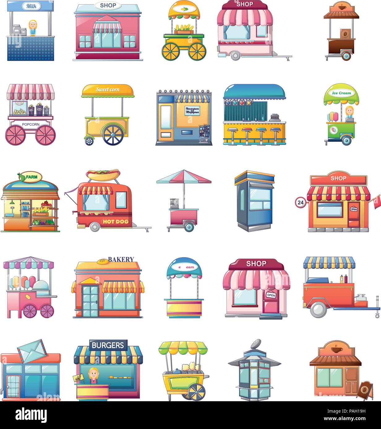 Quiosco de comida en la calle, los iconos de estilo de dibujos animados  Imagen Vector de stock - Alamy