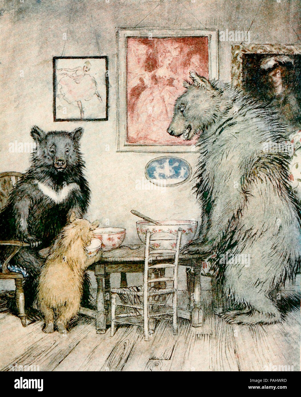 Alguien ha estado en mi gachas, y ha comido todo - Escena de Goldilocks y los tres osos. Foto de stock