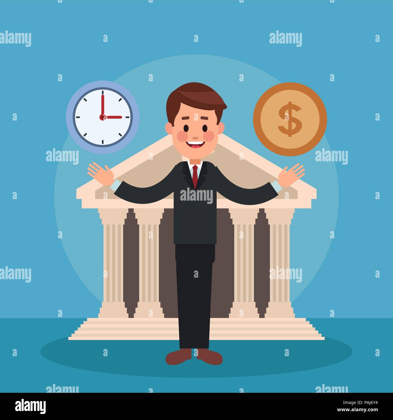 Empresario con tiempo y dinero en el banco ilustración El tiempo es dinero concepto. Vector de un empresario