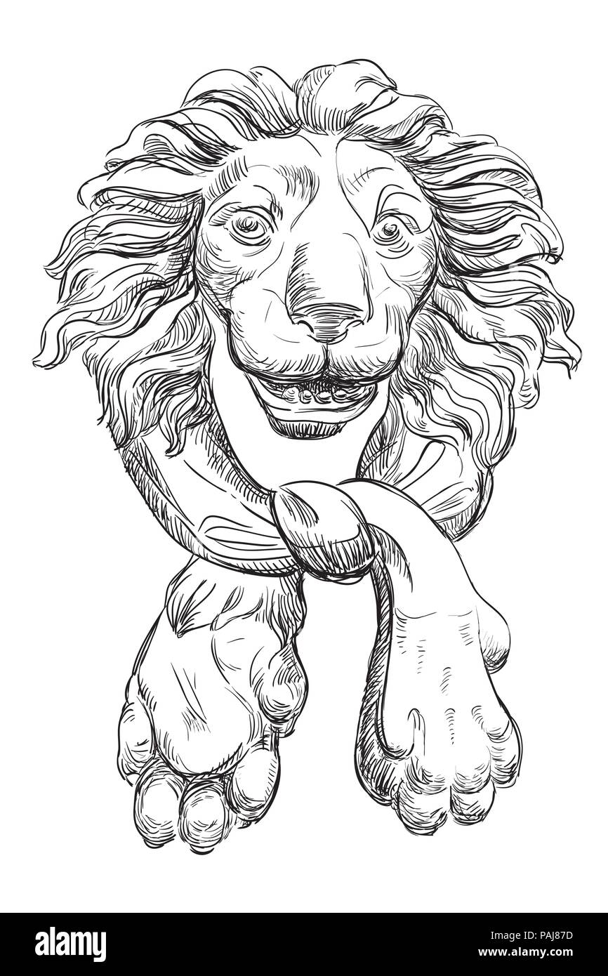 Manija de puerta antigua en la forma de una cabeza de león, vector de dibujo a mano alzada en la ilustración aislada de color negro sobre fondo blanco. Ilustración del Vector