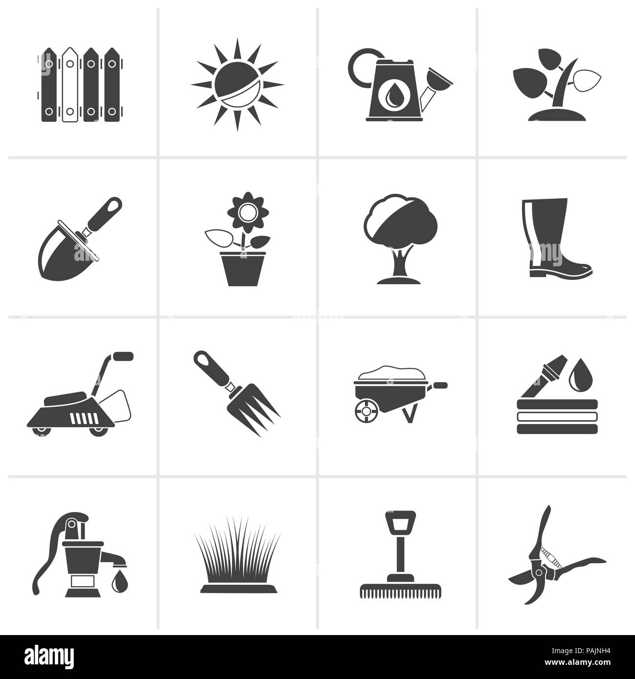 Herramientas de jardinería y objetos negros icons - set de íconos  vectoriales Imagen Vector de stock - Alamy