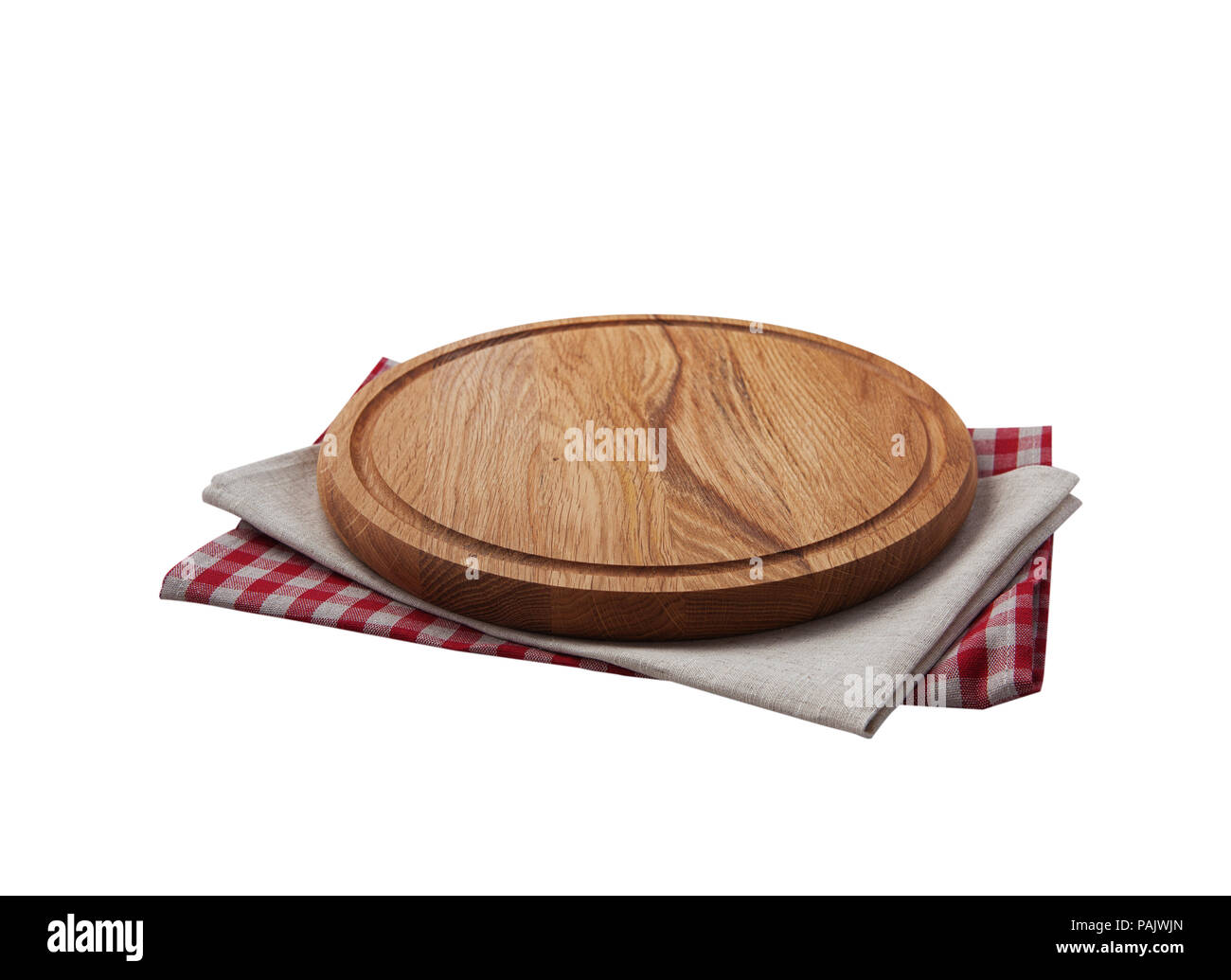 Mantel y junta para pizza aislados. Pila de colorido plato toallas en  blanco de fondo de la tabla de madera vista superior de maquetas Fotografía  de stock - Alamy