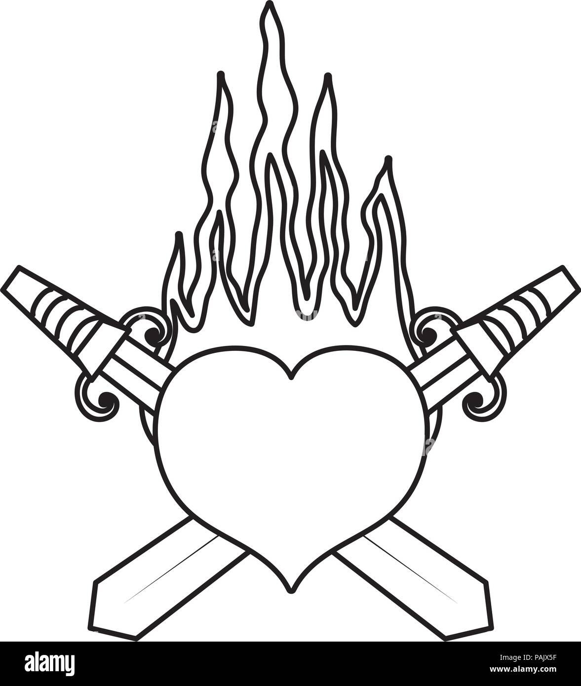 Línea espadas arma dentro del corazón con el fuego de la pasión Imagen  Vector de stock - Alamy
