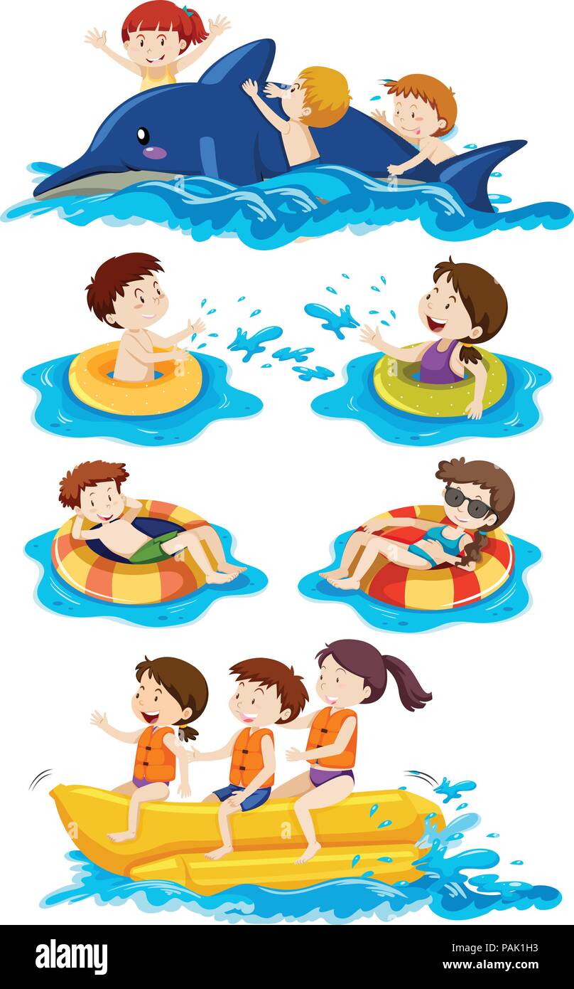 Juego de niños que realizan actividades acuáticas ilustración Imagen Vector  de stock - Alamy