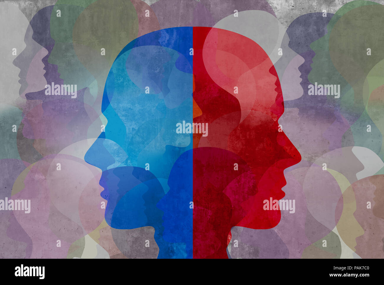 La esquizofrenia y el trastorno de personalidad dividida y salud mental enfermedad psiquiátrica concepto en 3D de una ilustración de estilo. Foto de stock