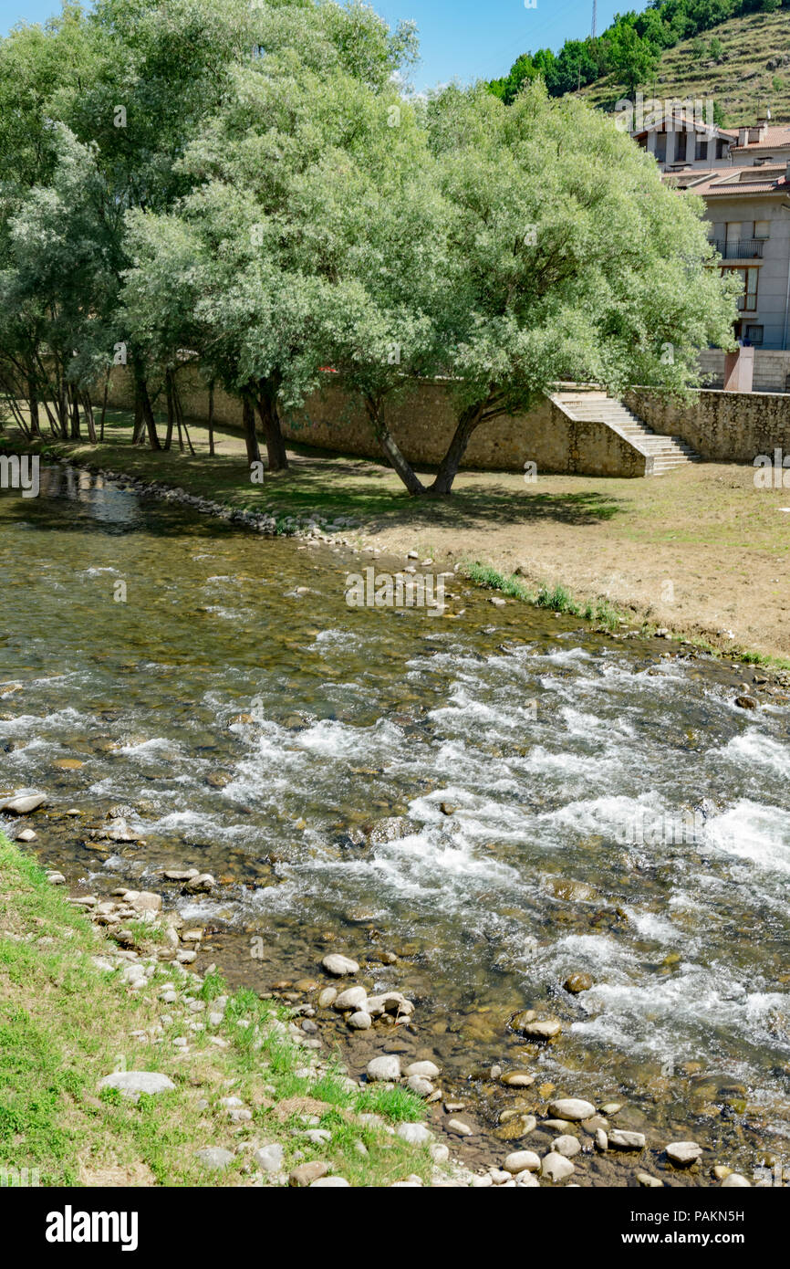 Los edificios frente al río en la ciudad de Ripoll en Cataluña. Foto de stock