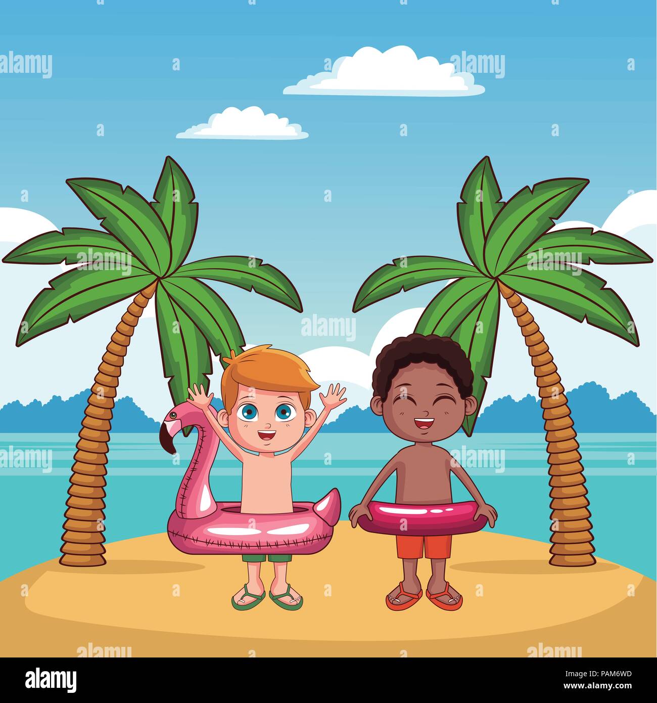 Los niños y la playa Cute dibujos animados Imagen Vector de stock - Alamy