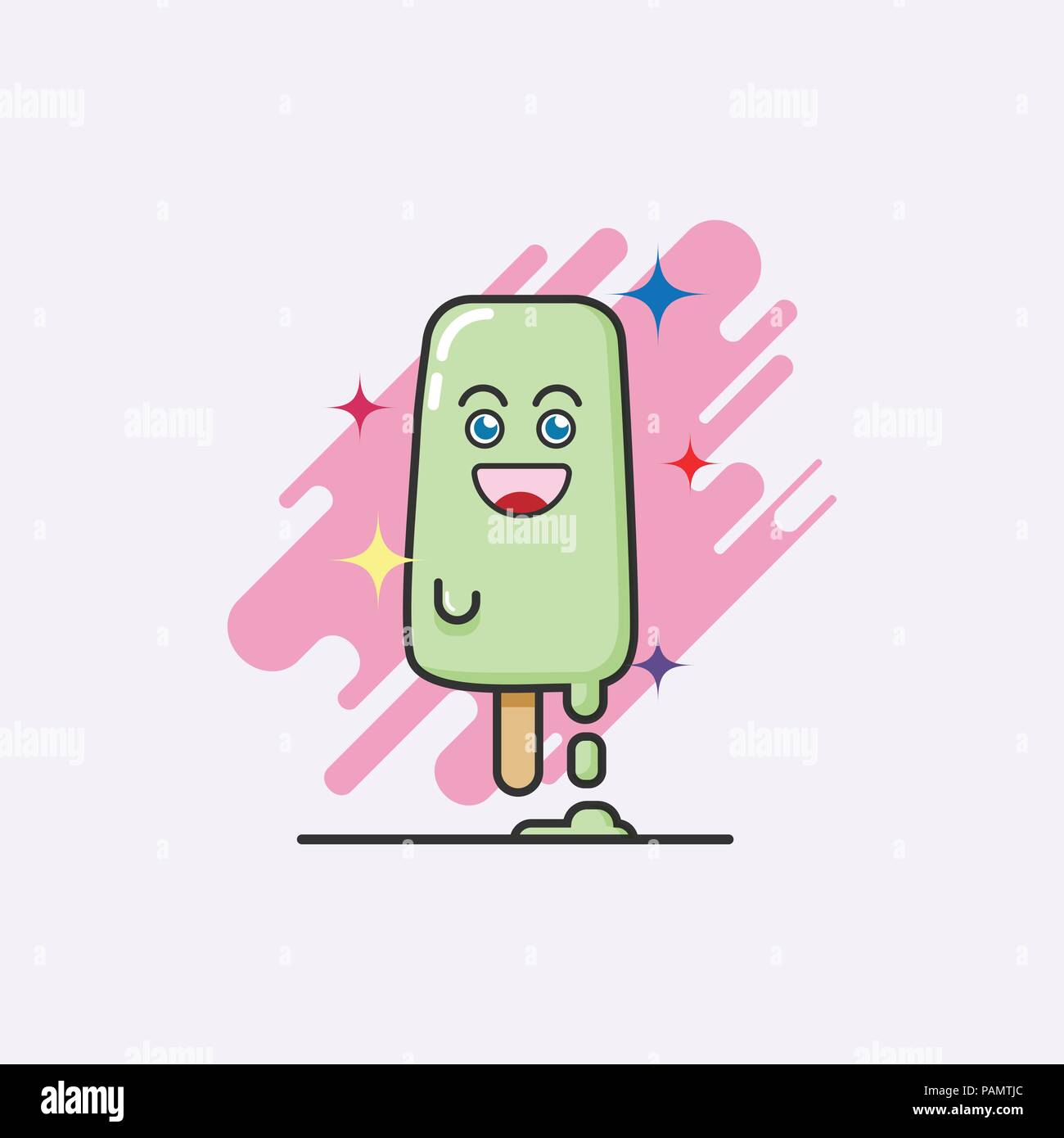 Caricatura de derretir el helado, sorbete limón sabor sobre fondo blanco con emoción la cara feliz. helado ilustración línea creativa de fondo. Ilustración del Vector