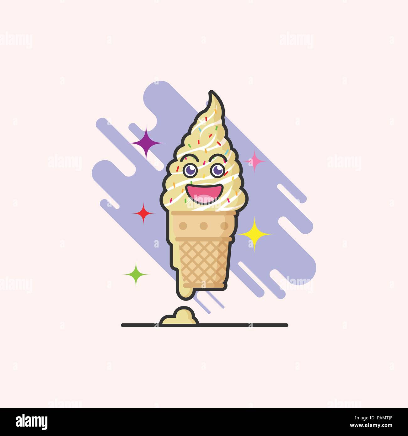 Caricatura de cono de helado de vainilla sobre fondo blanco con emoción la cara feliz. helado ilustración de línea de fondo. creative pastel co Ilustración del Vector