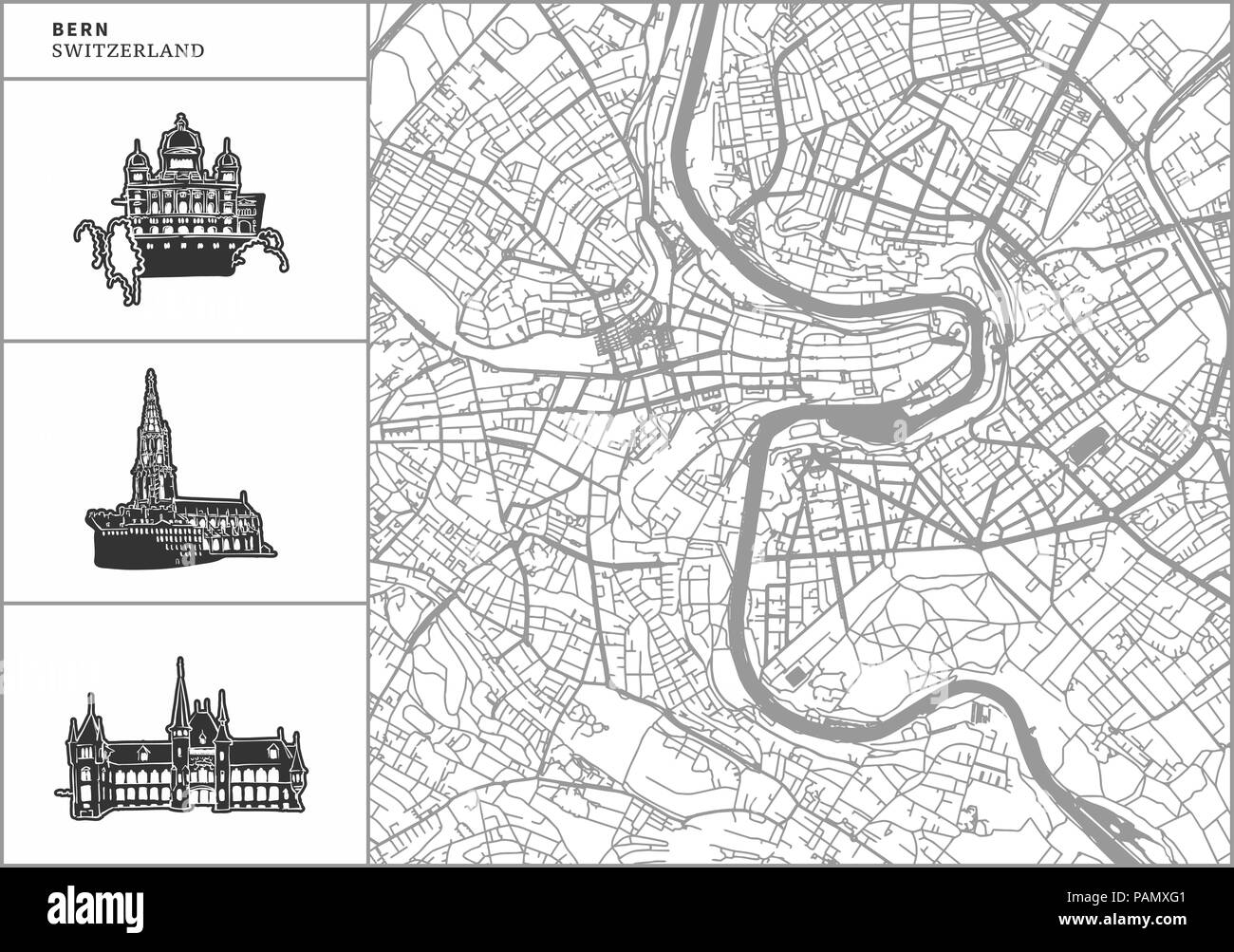 Mapa de la ciudad de Berna, con iconos de la arquitectura dibujados a mano. Todos drawigns, mapa y antecedentes separados para facilitar el cambio de color. Fácil reubicación en vector versi Ilustración del Vector