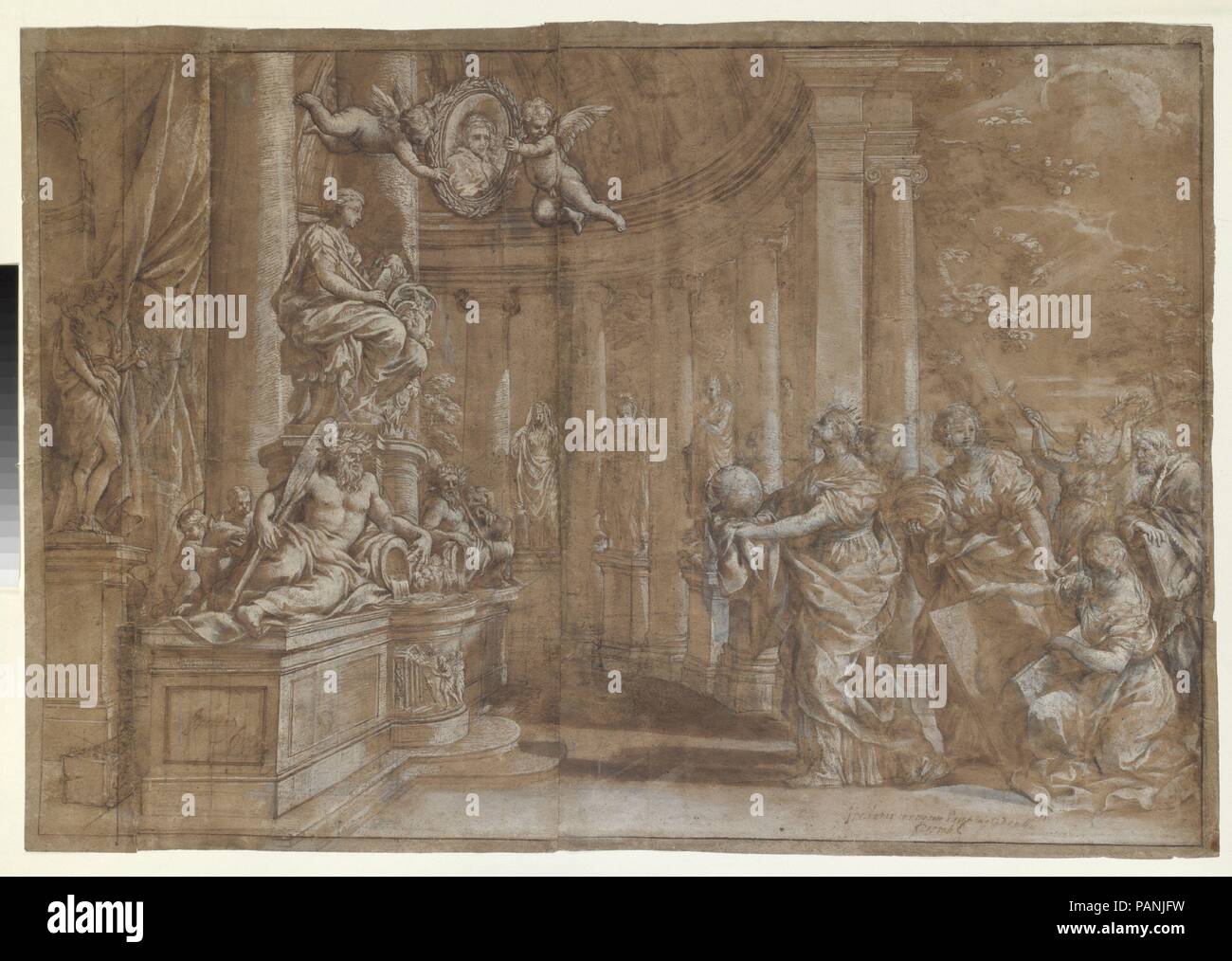 Alegoría en honor del Cardenal Antonio Barberini, el Joven (1607-1671) (diseño para un grabado). Artista: Pietro da Cortona (Pietro Berrettini) (italiano, Cortona 1596-1669 Roma). Dimensiones: 20-1/2 x 30-3/8 in. (52,0 x 77,2 cm). Fecha: 1596-1669. El alto acabado de este dibujo, así como las dos anotaciones que comienza "Incidat ...", en la mano de un censor eclesiástico, indican que fue diseñada por Pietro da Cortona para su grabador - y, de hecho, el diseño fue reproducido en las mismas dimensiones pero a la inversa por el grabador holandés Theodor Matham (1589-1676), un contemporáneo de la arti Foto de stock