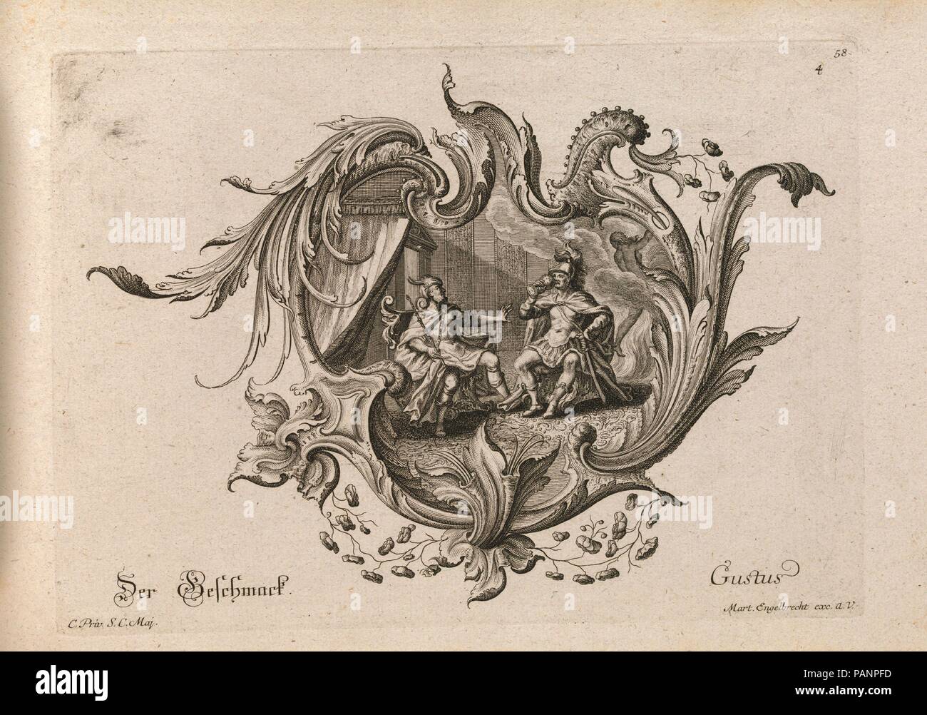 Diseño para una orla y una representación de "sabor", la placa 4 de 'Neu Inventierte auf die artigste Facon Sehr nutzliche Schild.". Artista: después Johannes Rumpp (Centroeuropeo, activo Augsburgo ca. 1730-1750). Dimensiones: Total: 8 7/16 x 13 3/4 pulg. (21,5 × 35 cm). Grabador: Johann Georg Pintz (alemán, 1697-1767). Publisher: Martin Engelbrecht (alemán, Augsburg Augsburg) 1684-1756. Fecha: Impreso ca. 1750-56. Ornamento de impresión con un diseño para una orla rocaille, con una representación en la que un hombre se ofrece una taza de veneno (probablemente la historia mitológica del Rey Aegeus y TESEO) en el marcado CE. Foto de stock
