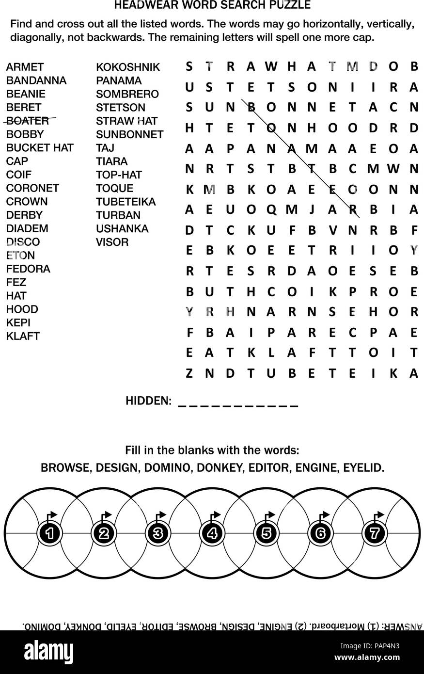 Puzzle página con dos juegos de palabras (en inglés). Sombreros rompecabezas  de búsqueda de palabra. Conocimiento Común llenar las ruedas criss-cross.  Respuesta incluido Imagen Vector de stock - Alamy