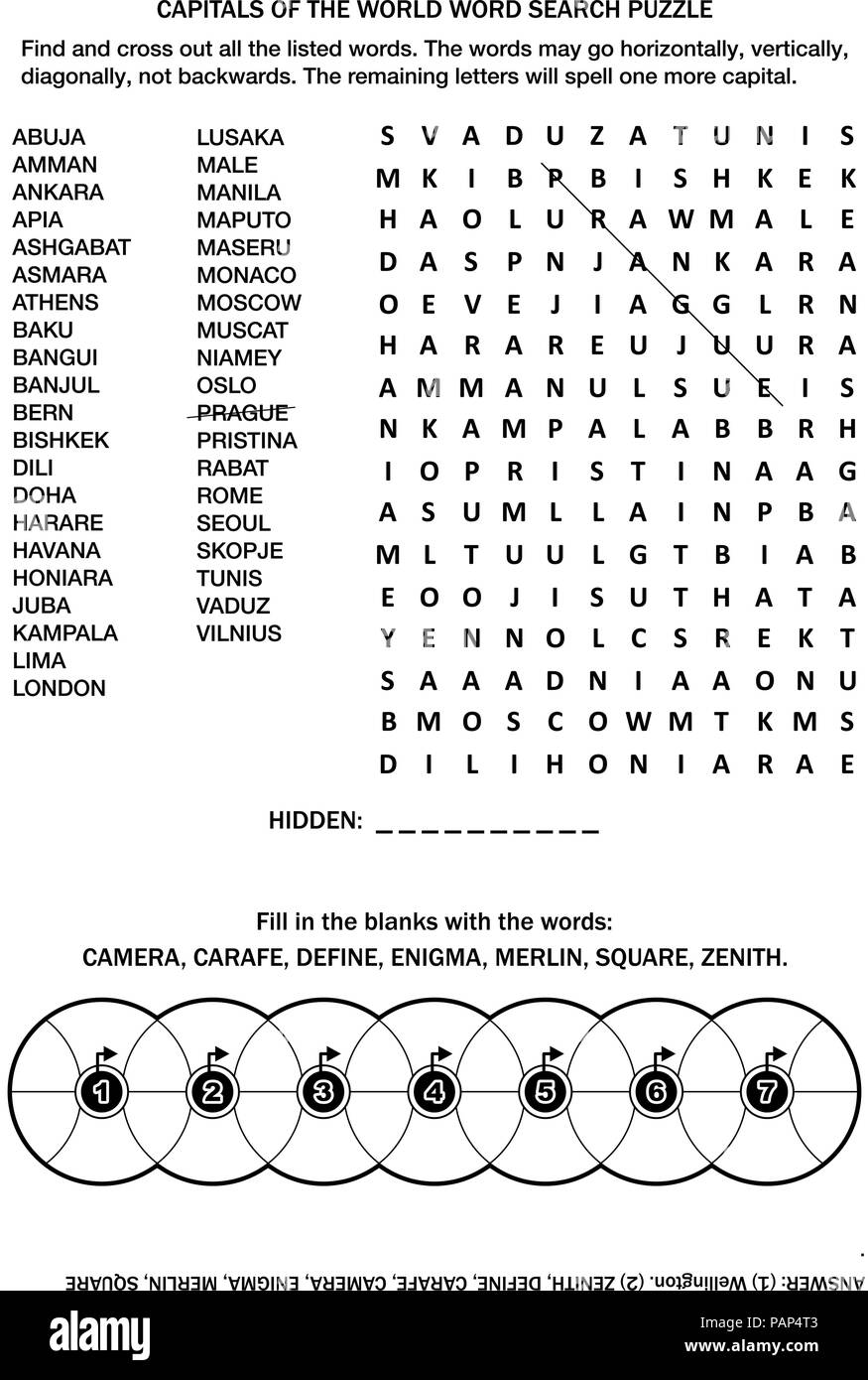 Puzzle página con dos juegos de palabras (en inglés). Capitales del Mundo  Búsqueda por palabra rompecabezas. Conocimiento Común llenar las ruedas.  Respuesta incluido Imagen Vector de stock - Alamy