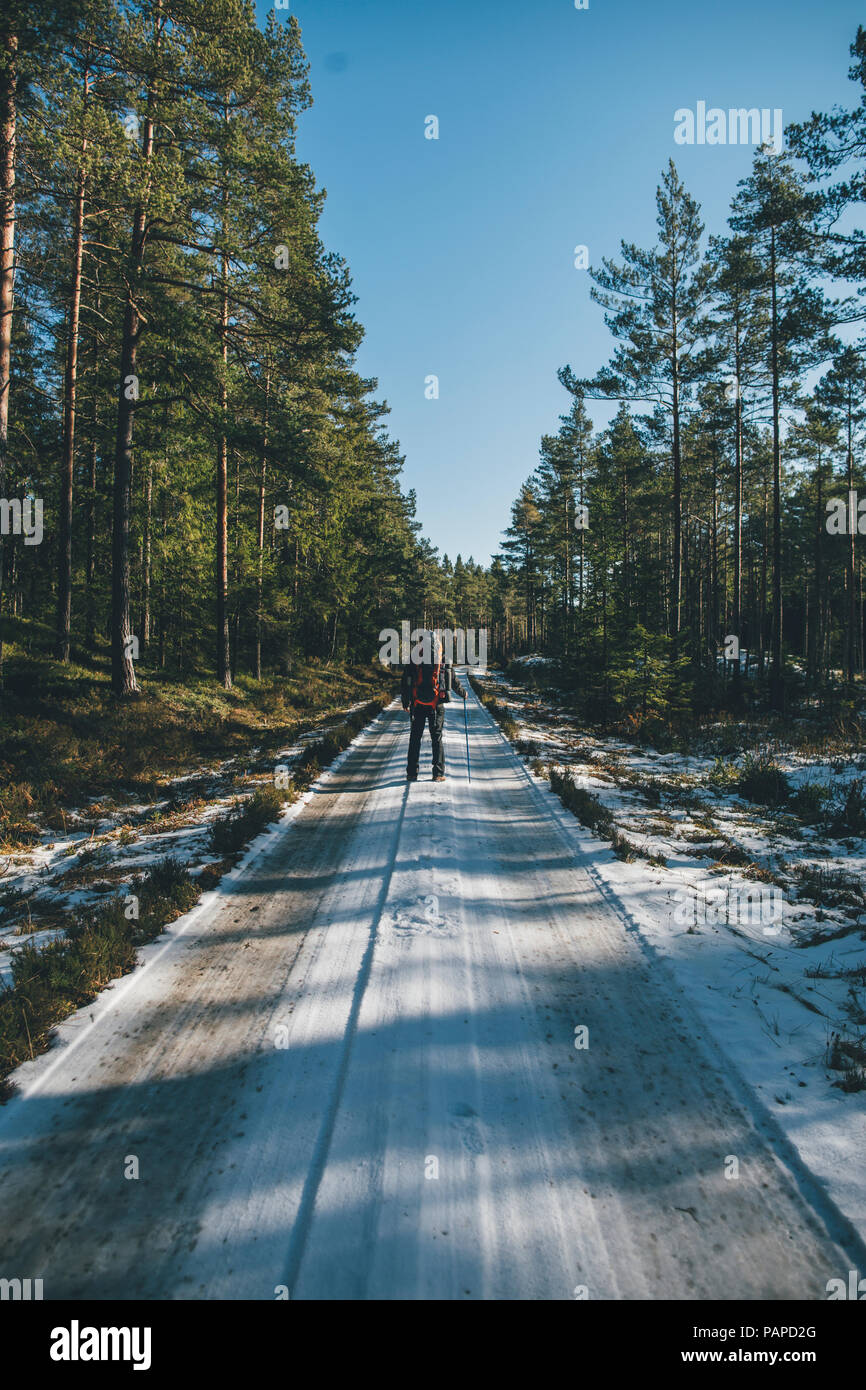 Suecia, Sodermanland, mochilero de pie en el camino en el bosque remoto en invierno Foto de stock