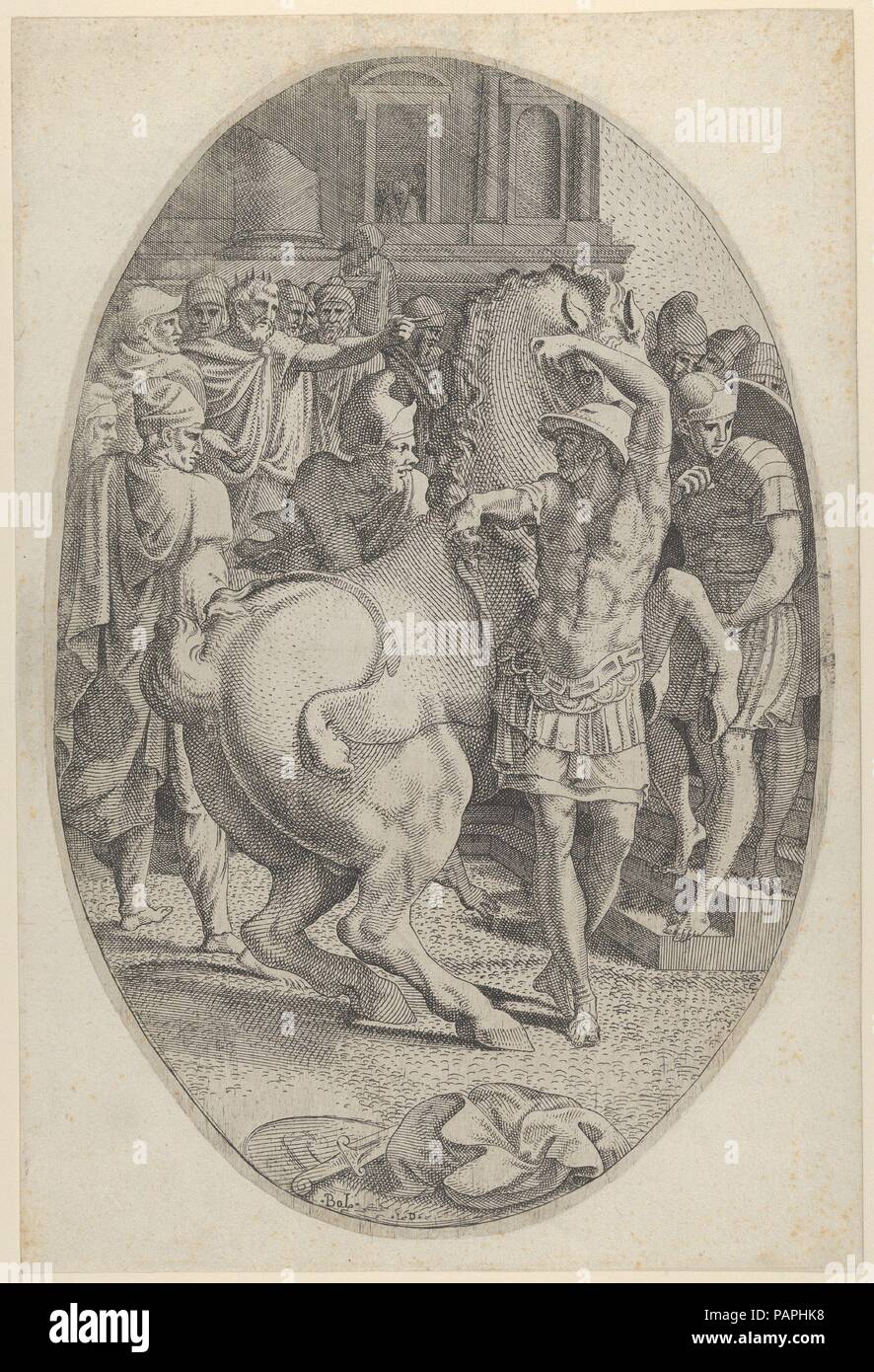 Alexander Mastering Bucephalus. Artista: Léon Davent (Francés, activo 1540-56); después de Francesco Primaticcio (Italiano, Bolonia 1504/5-1570) de París. Dimensiones: Hoja: 14 ½ × 9 3/4 in. (36,8 × 24,7 cm) de la placa (oval): 13 3/4 in. × 9 1/8 in. (35 × 23,2 cm). Fecha: ca. 1540-45. Museo: Museo Metropolitano de Arte, Nueva York, Estados Unidos. Foto de stock