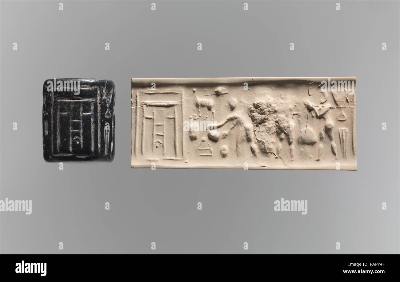 La junta del cilindro y moderna de impresión: escena ritual antes de  fachada de templo. Dimensiones: h. 4,5 cm (1 3/4"). Fecha: ca. 3500-3100  A.C. Aunque se habían utilizado piedras grabadas tan