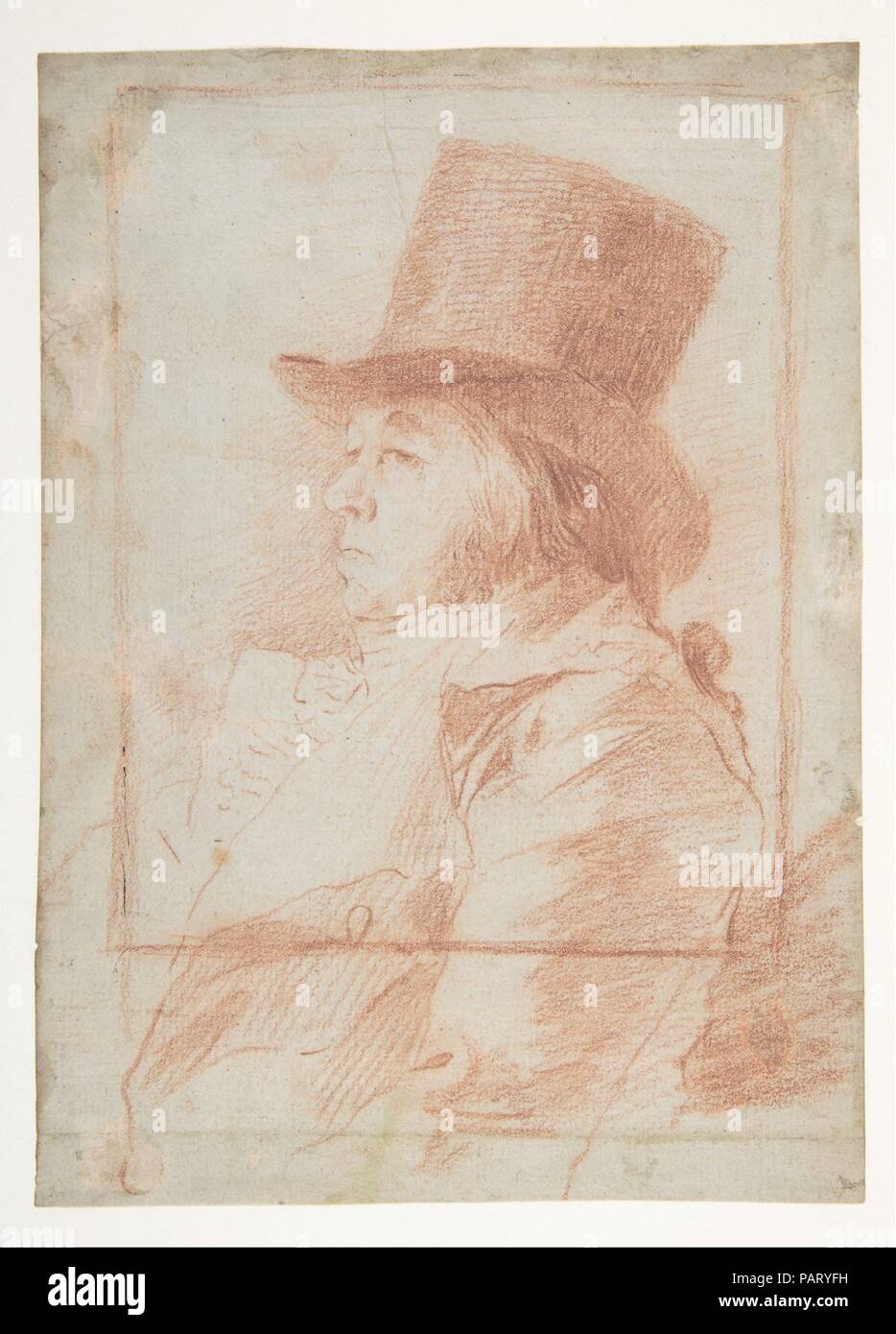 Autorretrato; Goya llevaba un sombrero superior hacia la izquierda dentro de un marco dibujado (recto); dos estudios de su rostro (verso). Artista: Goya (Francisco de Goya y Lucientes) (español, Fuendetodos 1746-1828 Burdeos). Dimensiones: Hoja: 7 13/16 x 5 5/8". (19,8 × 14,3 cm). Fecha: ca. 1797-98. Este es un dibujo preparatorio para el cuál ahora es la primera impresión en su serie Los caprichos (publicado en 1799). Museo: Museo Metropolitano de Arte, Nueva York, Estados Unidos. Foto de stock
