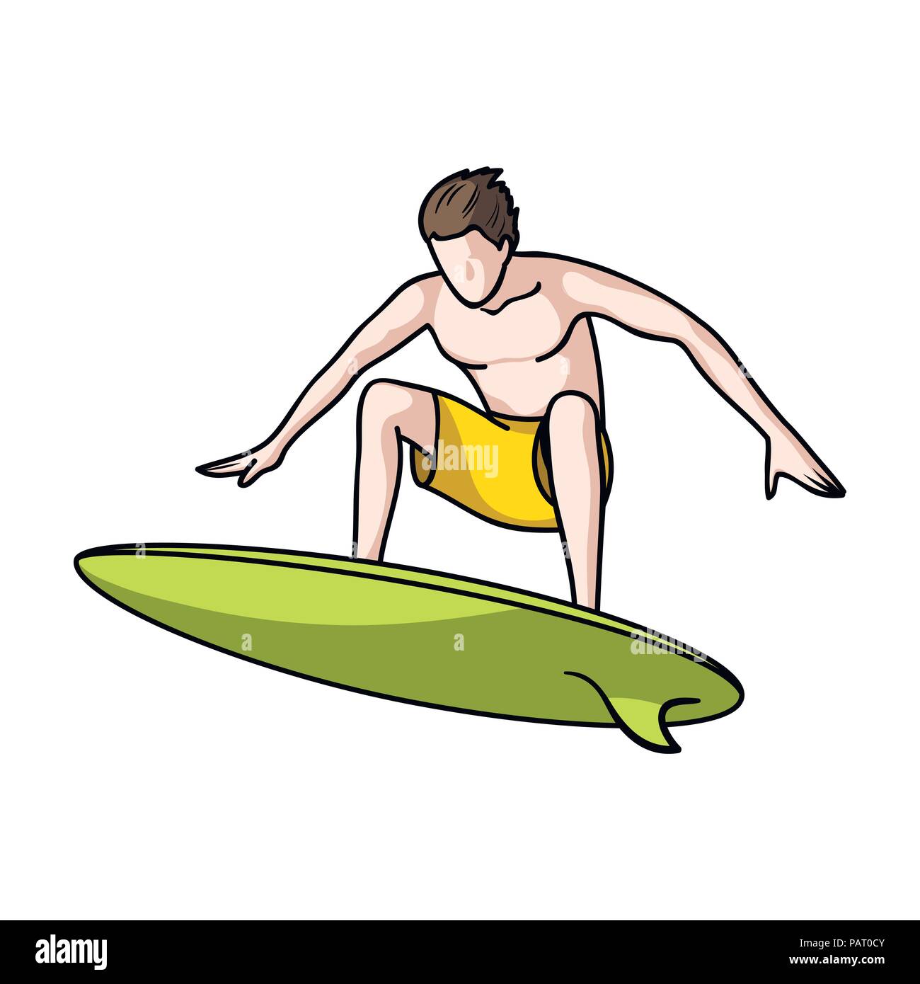 Surfer en icono de acción en cartoon diseño aislado sobre fondo blanco