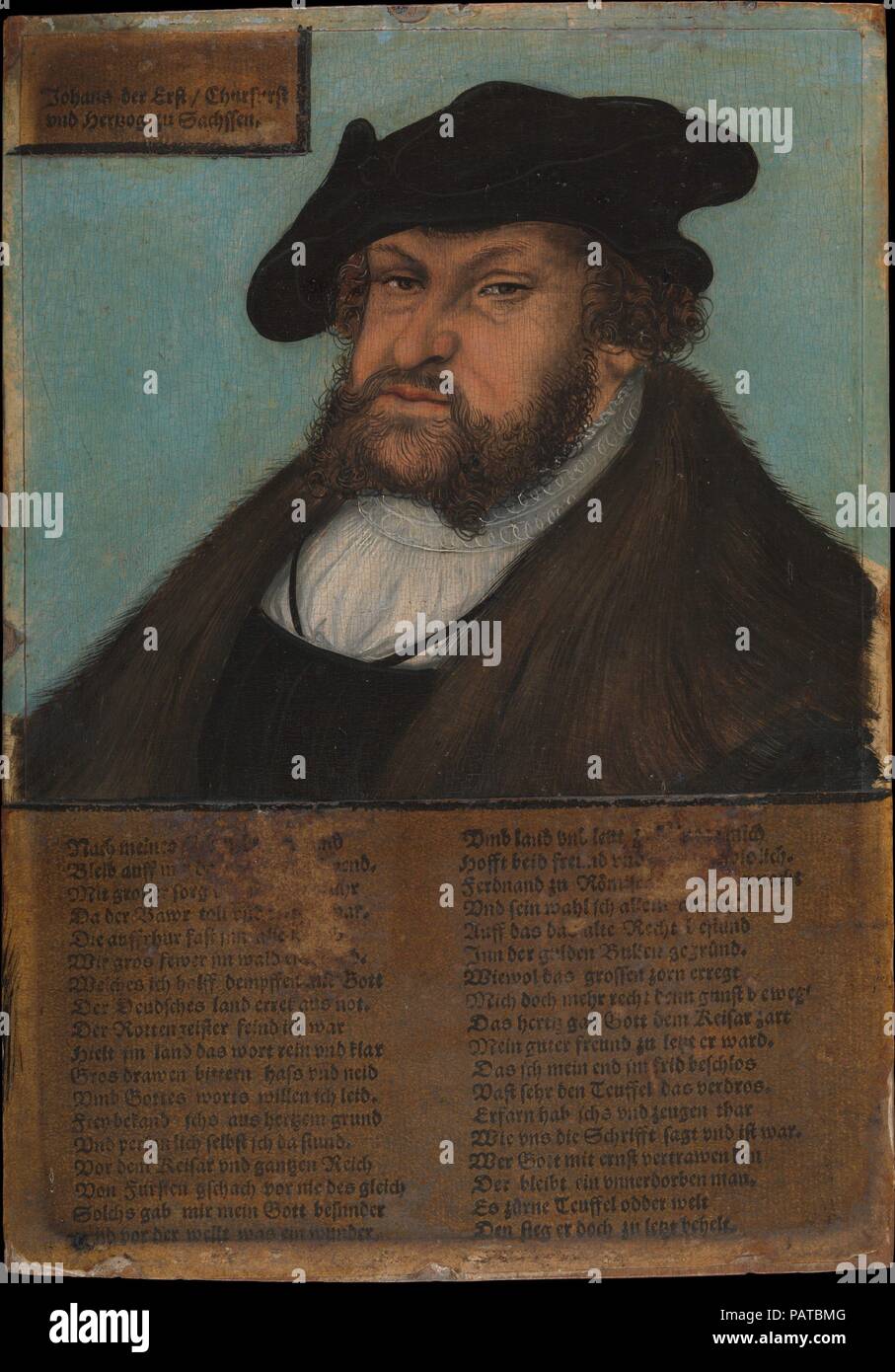 Johann I (1468-1532), constante, príncipe elector de Sajonia. Artista: Lucas Cranach y taller (alemán, 1472-1553 Kronach Weimar). Dimensiones: 8 x 5 5/8 in. (20,3 x 14,3 cm). Fecha: 1532-33. Estos retratos póstuma de los electores de Sajonia Federico III, el sabio, y de Johann I, la constante pertenecen a una serie de sesenta pares de retrato, ordenadas por Johann I su hijo y sucesor, Johann Friedrich I, el Magnánimo, cuando llegó a ser elector en 1532. Él destina los retratos de su padre y su tío a servir como instrumentos de propaganda. El acompañamiento poemas elogiosos enfatizan el pasaje Foto de stock