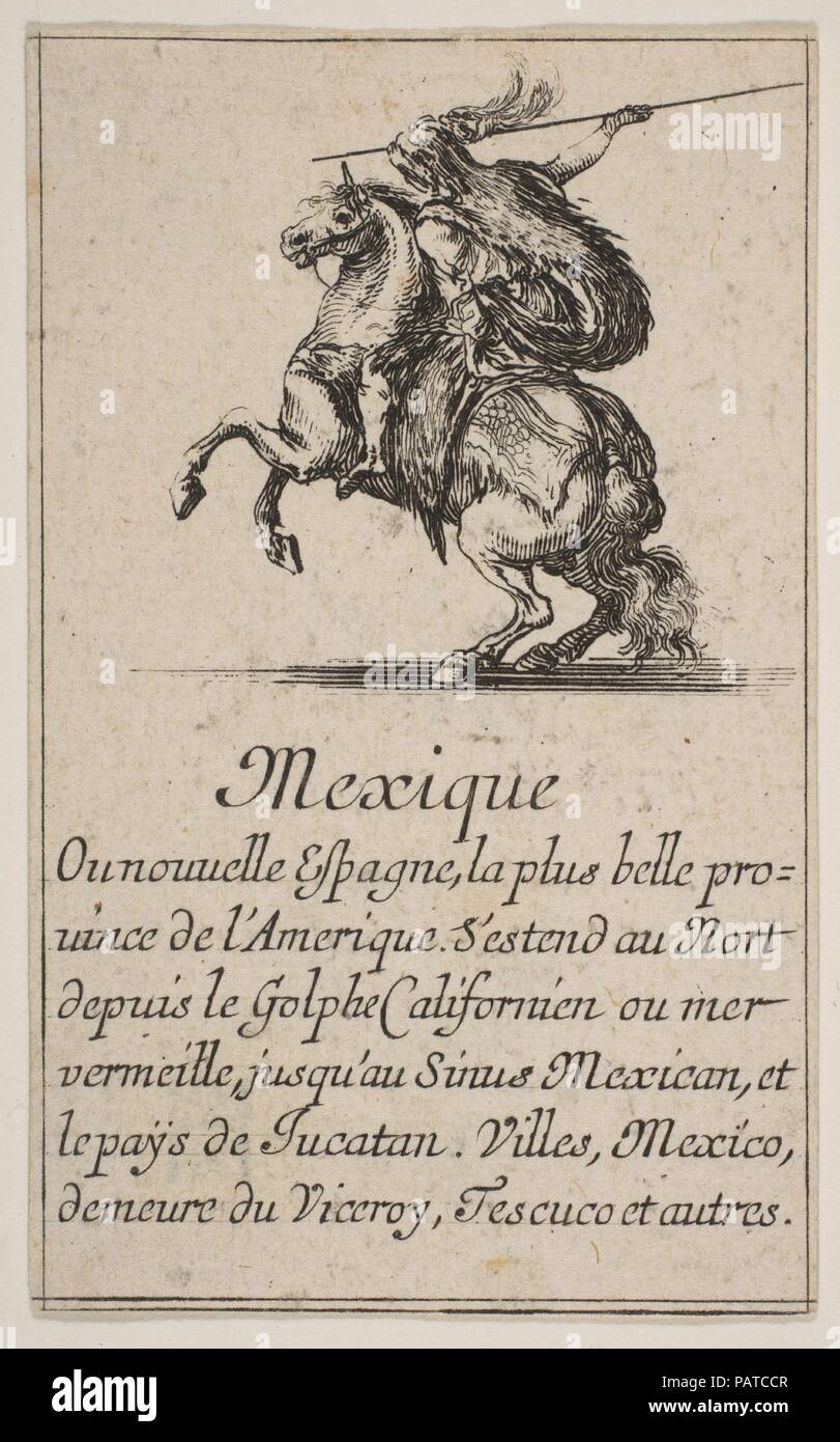 México, desde 'Juego de Geografía" (Jeu de la Géographie). Artista: Grabado por Stefano della Bella (Italiano, Florencia Florencia 1610-1664); diseñado por Jean Desmarets de Saint-Sorlin (Francés, 1595-1676). Dedicatee: Luis XIV, rey de Francia (en francés, Saint-Germain-en-Laye 1638-1715 Versailles). Dimensiones: Hoja: 3 1/2 x 2 3/16 in. (8,9 × 5,5 cm). Mecenas: el cardenal Jules Mazarin (Italiano, Piscina 1602-1661 Vincennes). Publisher: Henri Le Gras (Francés). Series/Cartera: 'Juego de Geografía" (Jeu de la Géographie). Fecha: 1644. Museo: Museo Metropolitano de Arte, Nueva York, Estados Unidos. Foto de stock