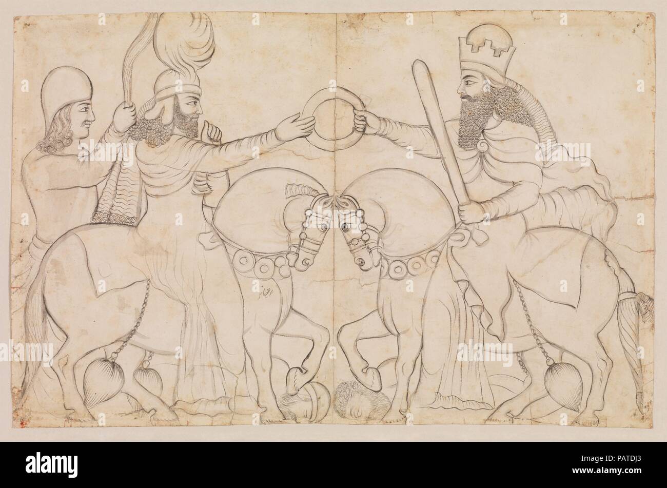 Dibujo de Sasán rock alivio: Ardashir I (r. A.D. 224-241) y los zoroástricos divinidad Ahura Mazda en Naqsh-i Rustam, sur de Irán. Artista: Lutf 'Ali Khan (1797-1869). Cultura: Qajar. Dimensiones: 12.76 x 15.75 in. (32.41 x 40.01 cm). Fecha: A.D. 1860 (dibujo). Este dibujo de Sasán rock socorro en Naqsh-i Rustam, Irán representa la investidura de Ardashir I (r. 224-241), que recibe el anillo de office de Ahura Mazda, el dios supremo de los seguidores de Zoroastro. Tanto el rey y Dios están a caballo; el dios viste un caftan, el prestigioso traje de equitación de Sasán período y su ventilador-portador stan Foto de stock