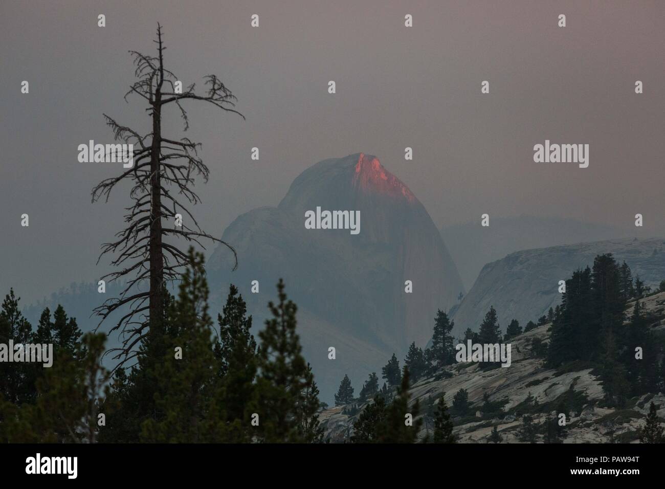 Parque Nacional Yosemite, California, USA. 24 de julio de 2018. Martes, 24 de julio de 2018.El último bit de la luz del Sol es reflejada por el Parque Nacional Yosemite icónicos característica de granito, Half Dome, visto desde el punto de vista de Olmsted mirador. Half Dome está envuelto en el humo de los incendios de Ferguson, quemando cerca del parque El portal de entrada. Crédito: Tracy Barbutes/Zuma alambre/Alamy Live News Foto de stock