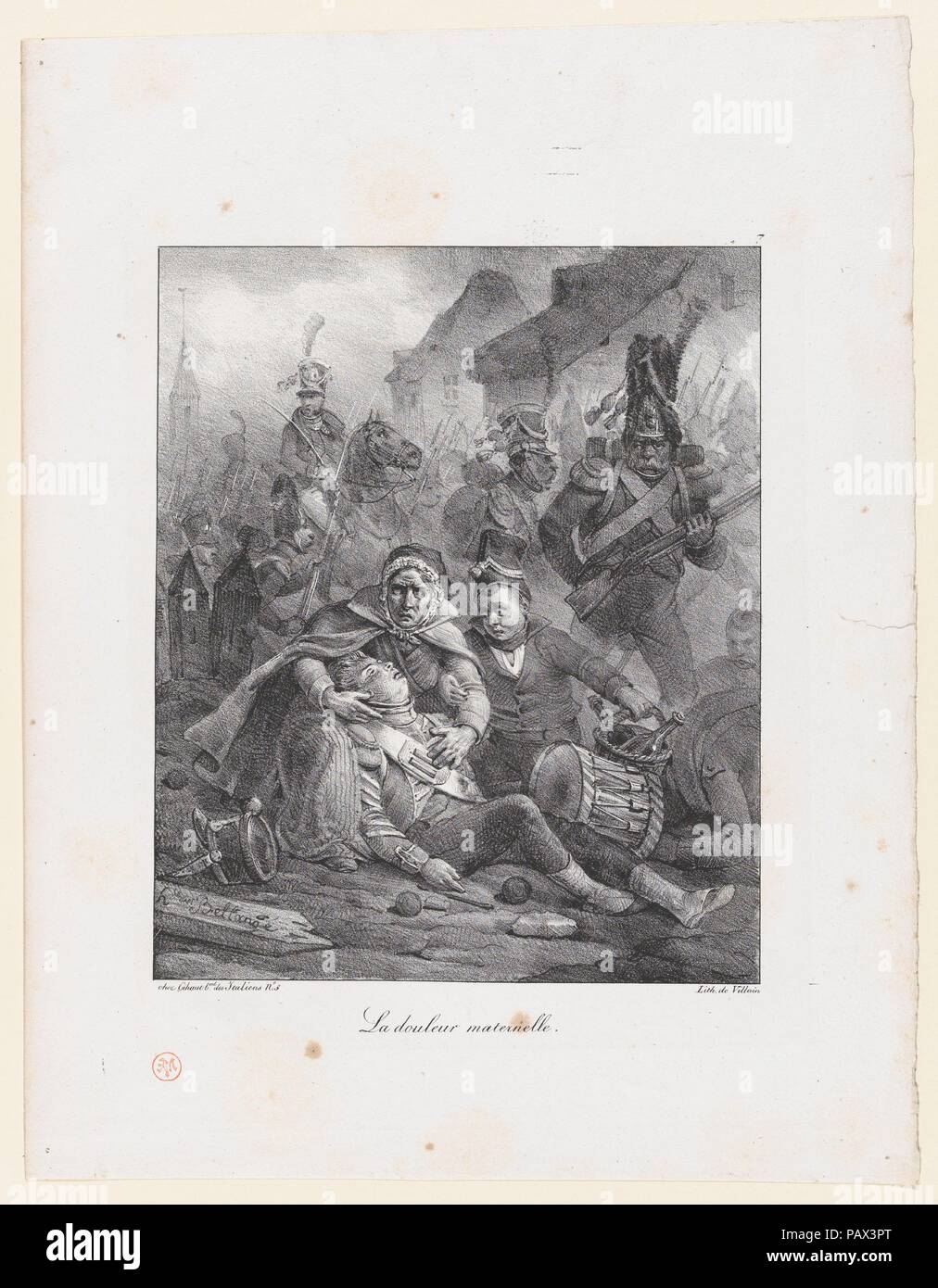 La tristeza de una madre. Artista: Hippolyte Bellangé (Francés, 1800-1866). Dimensiones: Hoja: 13 3/8 x 10 1/4 pulg. (34 × 26,1 cm) Imagen: 7/16 8 × 6 15/16. (21,5 × 17,7 cm). Lithographer: villano (Francés, activo 1822-53). Editor: Gihaut Frères (París). Fecha: 1823. Museo: Museo Metropolitano de Arte, Nueva York, Estados Unidos. Foto de stock