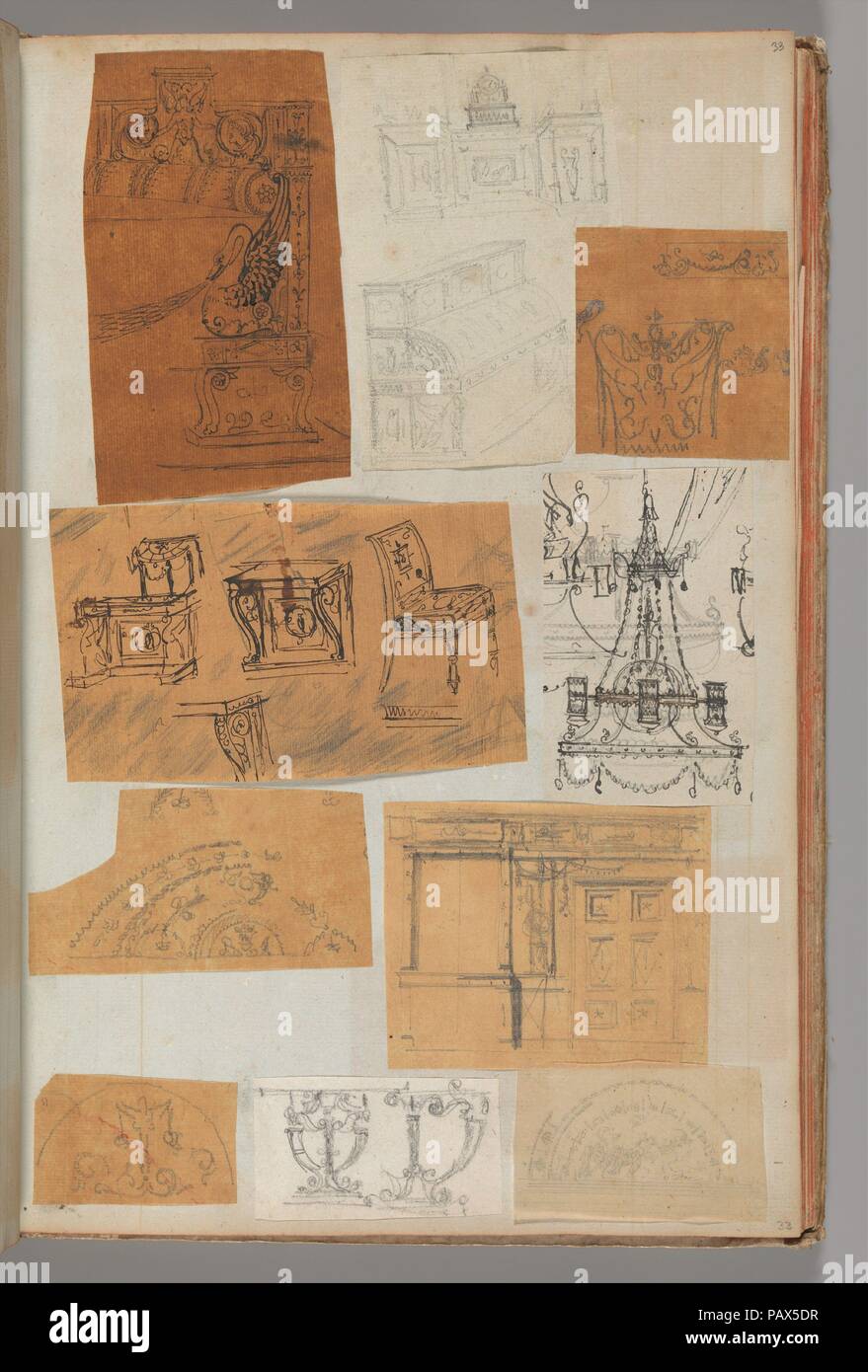 Página de un álbum de recortes que contiene dibujos y varias impresiones de arquitectura, interiores, muebles y otros objetos. Artista: Taller de Charles Percier (francés, París París 1764-1838); Taller de Pierre François Léonard Fontaine (Francés, Pontoise París 1762-1853). Dimensiones: 15 x 10 11/16. (39,8 x 25,4 cm). Fecha: ca. 1800-1850. Museo: Museo Metropolitano de Arte, Nueva York, Estados Unidos. Foto de stock