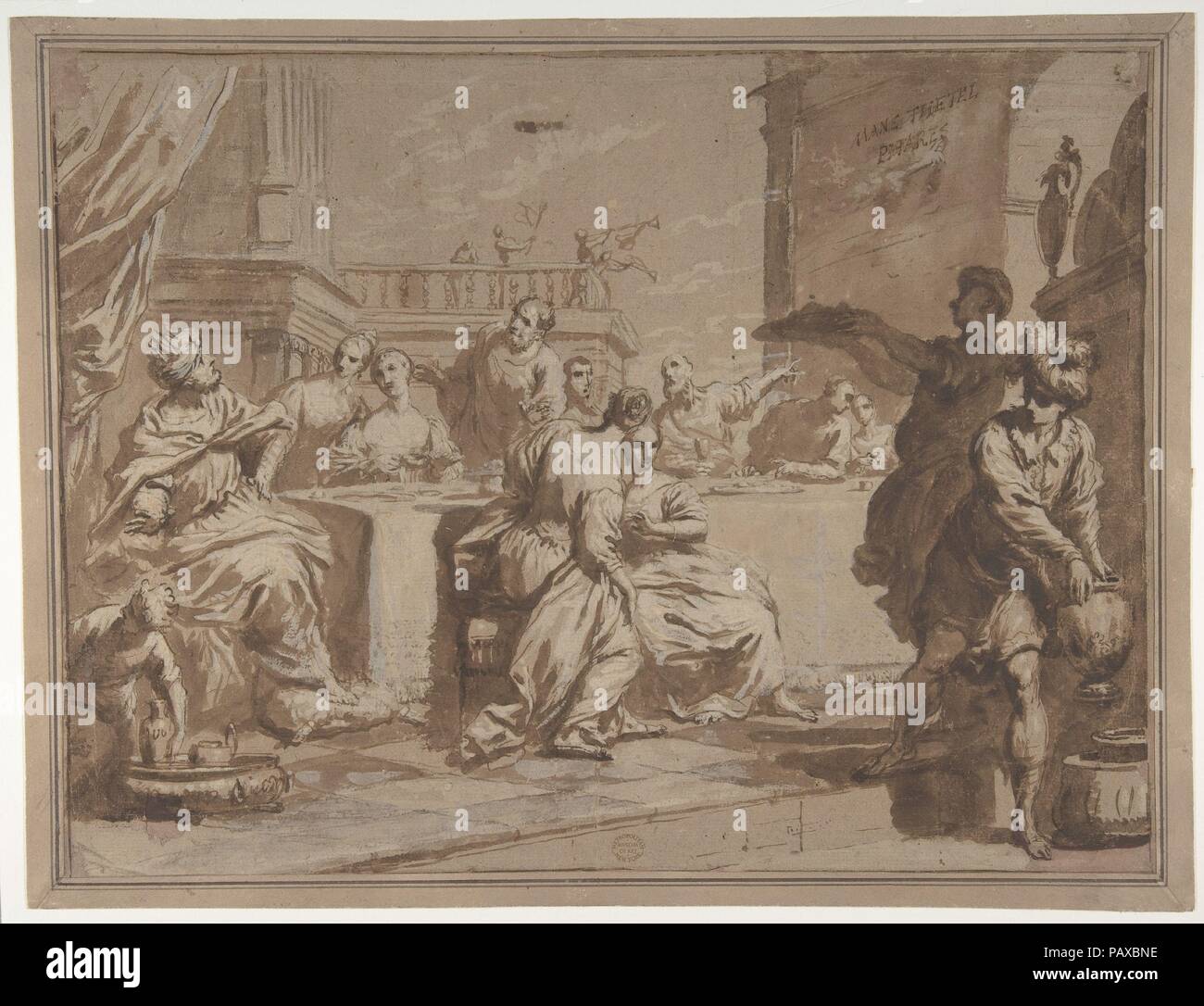 La Fiesta de Belsasar. Artista: Antonio Gionima (Italiano, Venecia, Bolonia, 1697-1732). Dimensiones: 4 x 11-1/14-15/16. (28,5 x 38,0 cm). Fecha: 1697-1732. La atribución de esta altamente modelado dibujo a Antonio Gionima fue realizado por Philip Pouncey en 1958. El tema se basa en el libro de Daniel (5:1-29), que dice que el rey Belsasar, el rey de Babilonia en el siglo VI A.C., celebró un fastuoso banquete, atendido por sus cortesanos, esposas y concubinas. Usaban los vasos sagrados del Templo de Salomón en Jerusalén para beber y tostadas dioses paganos. En medio de la profanación, una mano aparecer Foto de stock