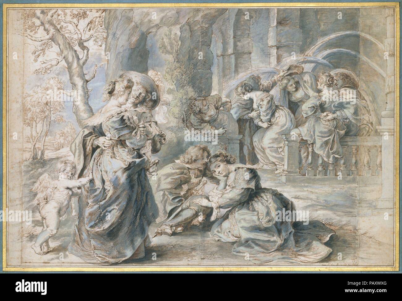 El jardín del amor (parte izquierda). Artista: Peter Paul Rubens (Siegen, Flamenca Amberes 1577-1640); Taller de Peter Paul Rubens (1577-1640, Siegen Flamenca Amberes). Dimensiones: 18 1/4 x 27 3/4 pulg. (46,3 x 70,5 cm) (incluidas las tiras añadidas a la izquierda y a la derecha). Fecha: ca. 1633-35. Rubens supervisó los grabadores que reproducen sus pinturas a lo largo de su carrera. Sólo a principios de la década de 1630 hizo girar para xilografías, en estrecha colaboración con Christoffel Jegher. Estos monumentales dibujos son modelos basados en una composición también conocida de la pintura de Rubens en el Museo del Prado, Madrid. Se hicieron Foto de stock