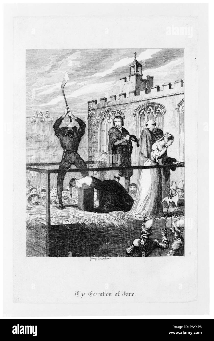 Grabado por George Cruikshank que muestra la ejecución de Lady Jane Grey en la torre Verde en 1554. Desde la Torre de Londres / por W.H. Ainsworth (1845) Foto de stock