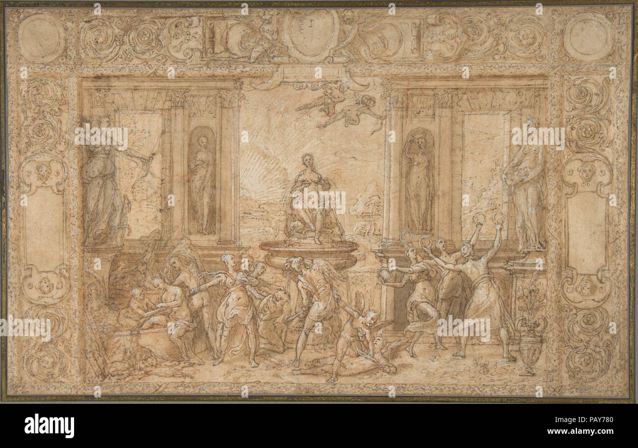Estudio para la alegoría de la primavera. Artista: Federico Zuccaro (Zuccari) (italiano, Sant'Angelo in Vado 1540/42-1609 Ancona). Dimensiones: hoja: 8 11/16 x 13 3/4 pulg. (22 x 35 cm). Fecha: 1579. Relacionado con los frescos en el techo de la casa de Federico en Florencia ('Casa Zuccari'), este dibujo recién descubierto presenta la temporada de primavera como un combate entre la castidad y el amor. En la fuente central, una virgen está sentado al lado de un unicornio que purifica la fuente con su cuerno. A la izquierda, las ninfas de la casta cazadora Diana son visto bañarse, mientras que a la derecha otras ninfas bailan alrededor de una estatua de flora y Foto de stock