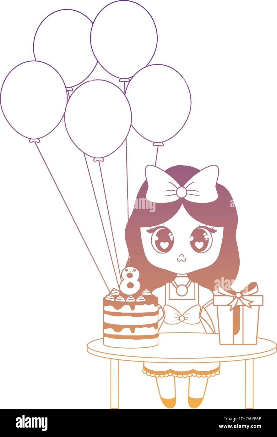 Chica anime y mesa con pastel de cumpleaños y caja de regalo sobre fondo  blanco, ilustración vectorial Imagen Vector de stock - Alamy