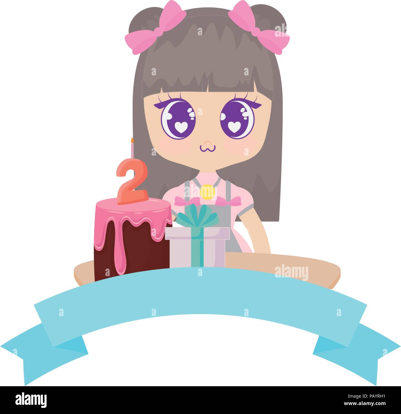 Anime chica con pastel de cumpleaños y cinta decorativa sobre fondo blanco,  ilustración vectorial Imagen Vector de stock - Alamy