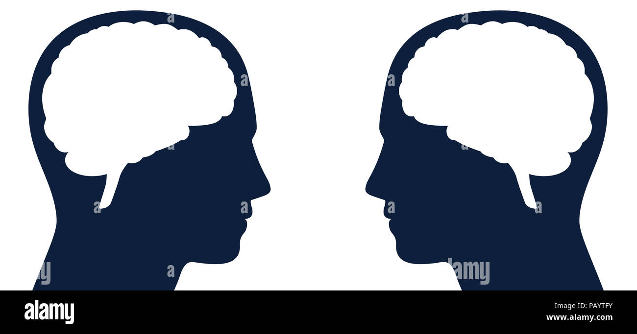 Dos jefes con cerebro silueta uno frente al otro. Símbolo para el mismo o diferente tipo de pensamientos, inteligencia o comunicación, para lectura de pensamiento. Foto de stock