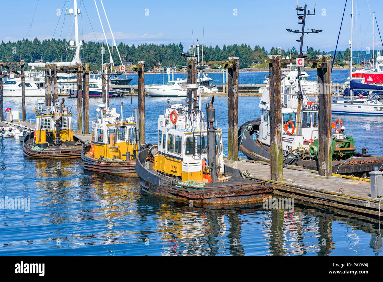Remolcadores en el puerto, en Nanaimo, Columbia Británica, Canadá. Foto de stock