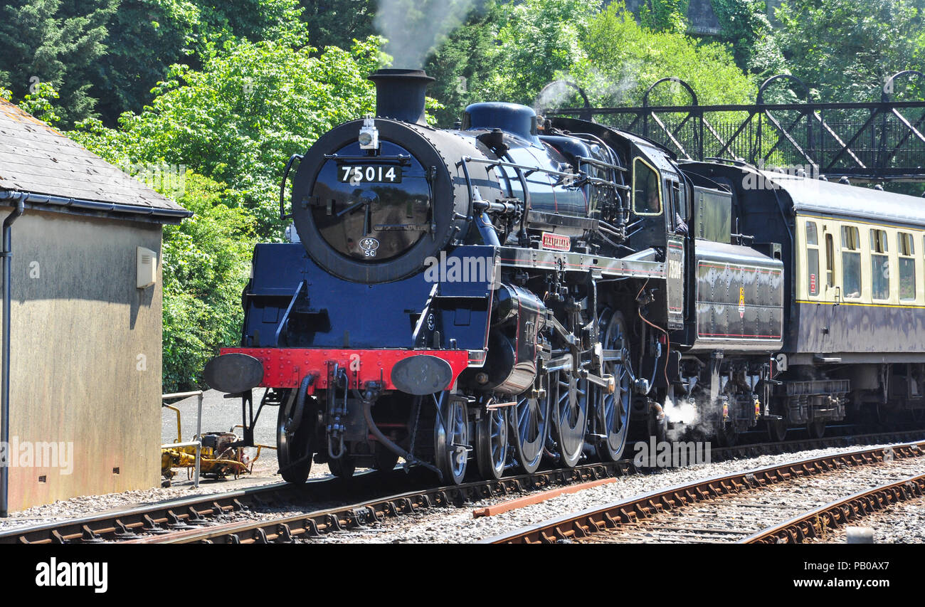 Locomotora de vapor clase 4 estándar dejando Kingswear, Dartmouth Steam Railway, en el sur de Devon, Inglaterra, Reino Unido. Foto de stock