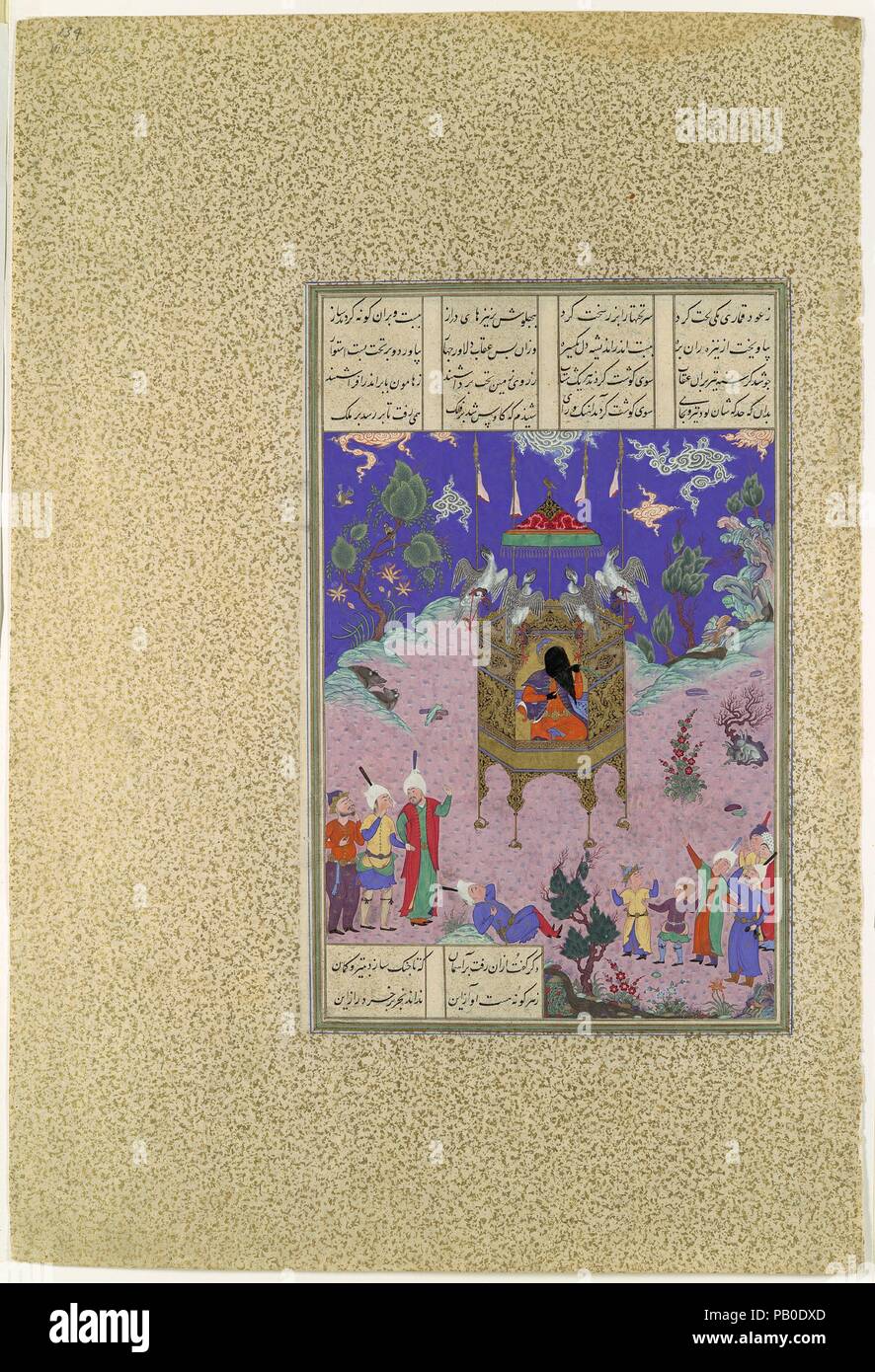 "Kavus Kai asciende al cielo", Folio 134r desde el Shahnama (Libro de los Reyes) de Shah Tahmasp. Artista: pintura atribuida a Qadimi (activo ca. 1525-65). Autor: Abu'l Qasim Firdausi (935-1020). Dimensiones: Pintura: H. 11 3/16 in. (28,4 cm) W. 7 3/16 in. (18,3 cm) Página: H. 18 5/8 pulg. (47,3 cm) W. 12 9/16 in. (31,9 cm) Mat: H. 22. (55,9 cm) W. 16. (40,6 cm). Fecha: ca. 1525-30. Kavus Kai era un rey poderoso y de larga duración y un caprichoso gobernante. Un día, mientras que la caza, fue abordado por un div disfrazada como un guapo joven. El impetuoso diablo comenzó alabándolo, diciendo que su r Foto de stock