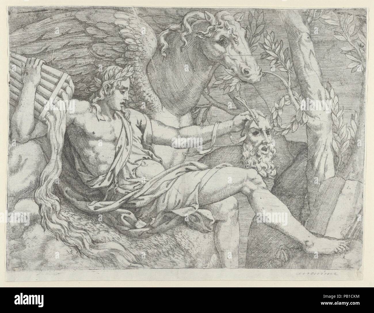 Apolo tubos sosteniendo en su mano derecha acompañado de Pegasus. Artista: Después de Giulio Romano (Italiano, Roma 1499?-1546); Angiolo Falconetto Mantua (Italiano, CA activa. 1555-67). Dimensiones: Hoja: 8 15/16 x 6 13/16. (22,7 x 17,3 cm) Placa: 8 1/4" x 6 5/8". (20,9 × 16,9 cm). Fecha: 1556-60. Este grabado se basa en uno de los dos lunetos en la Loggia delle Muse en el Palazzo del Te en Mantua, pintada alrededor de 1532 después de diseños de Giulio Romano. Aquí, la fuente Hippocrene, creado por un golpe de Pegasus', fluye a través de pezuñas grandes panpipes apoyado por Apollo. Las hojas de laurel que nutren t Foto de stock