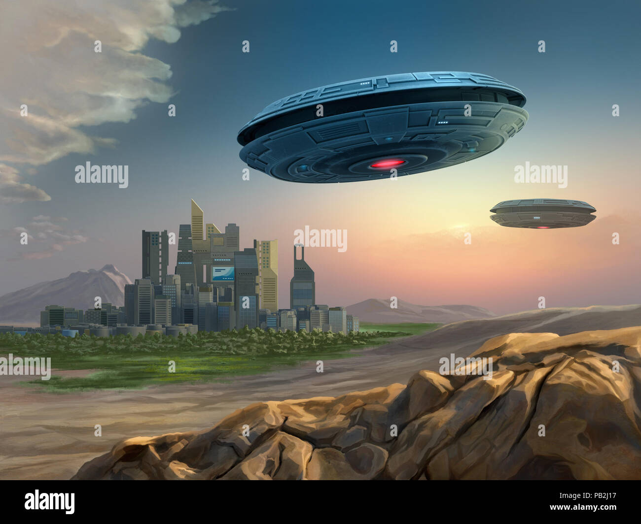 Naves espaciales alienígenas acercándose a una ciudad. Ilustración Digital. Foto de stock
