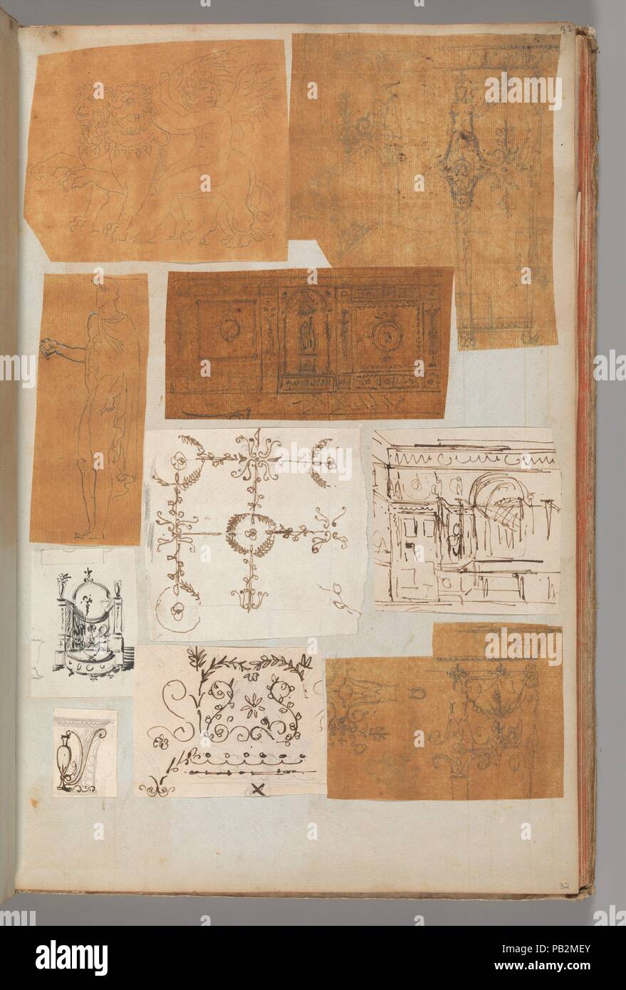 Página de un álbum de recortes que contiene dibujos y varias impresiones de arquitectura, interiores, muebles y otros objetos. Artista: Taller de Charles Percier (francés, París París 1764-1838); Taller de Pierre François Léonard Fontaine (Francés, Pontoise París 1762-1853). Dimensiones: 15 x 10 11/16. (39,8 x 25,4 cm). Fecha: ca. 1800-1850. Museo: Museo Metropolitano de Arte, Nueva York, Estados Unidos. Foto de stock