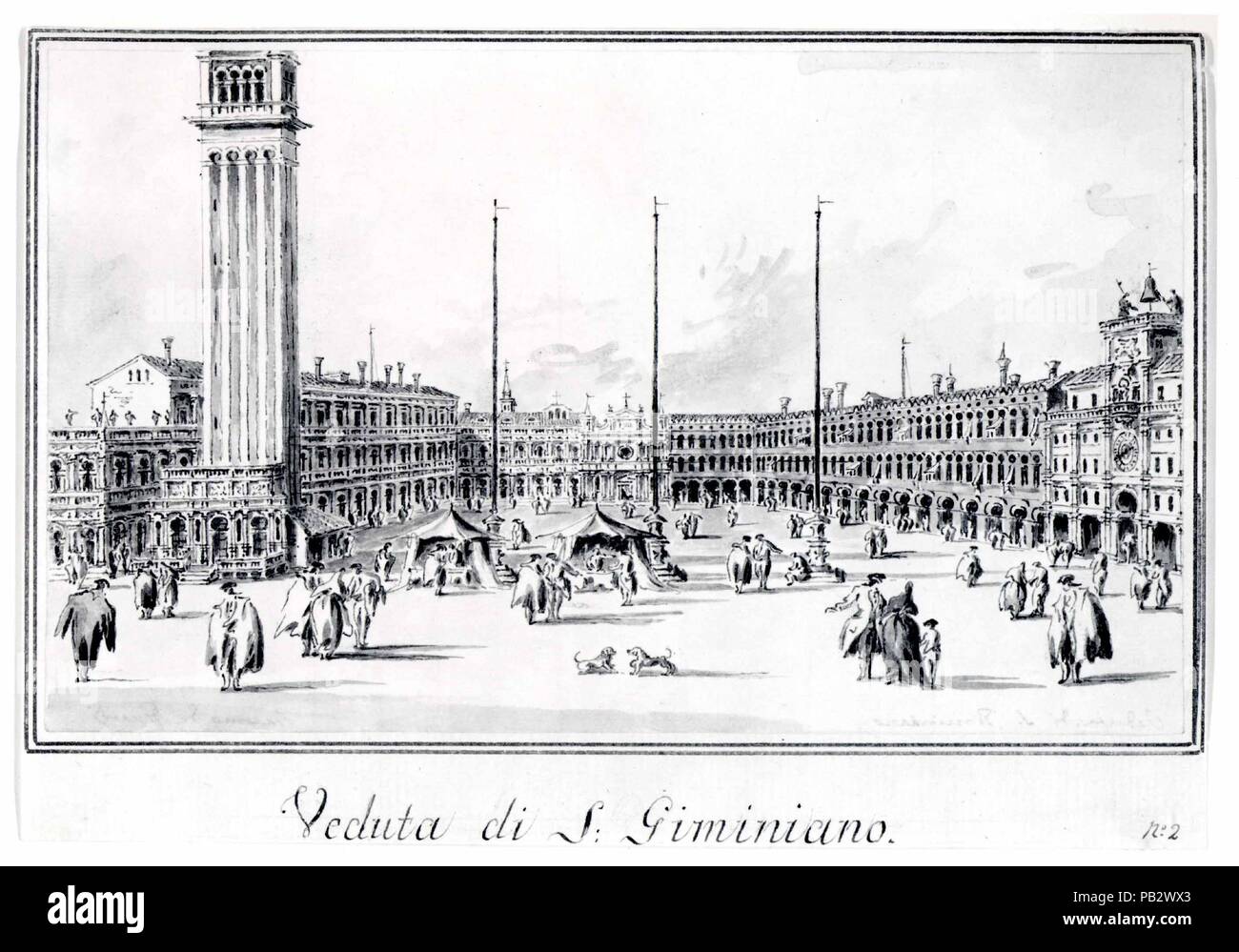 La Piazza San Marco, mirando hacia la Iglesia de San Gemignano. Artista: Giacomo Guardi (Italiano, Venecia Venecia 1764-1835 (?) (?)). Dimensiones: 4 15/16 x 8 3/8 in. (12,6 x 21,2 cm). Fecha: ca. 1804-28. Este es uno de una serie de dibujos en lápiz y tinta y lavado de gris, que formó parte de un álbum vivienda cuarenta y ocho vistas de Venecia y las islas de los alrededores. Reconociendo el incentivo del mercado para producir dibujos bastante prosaico como recuerdos para turistas, Giacomo hicieron muchos de esos álbumes, repitiendo las composiciones según sea necesario. La vista de la plaza de San Marcos, el cual comienza el nu Foto de stock