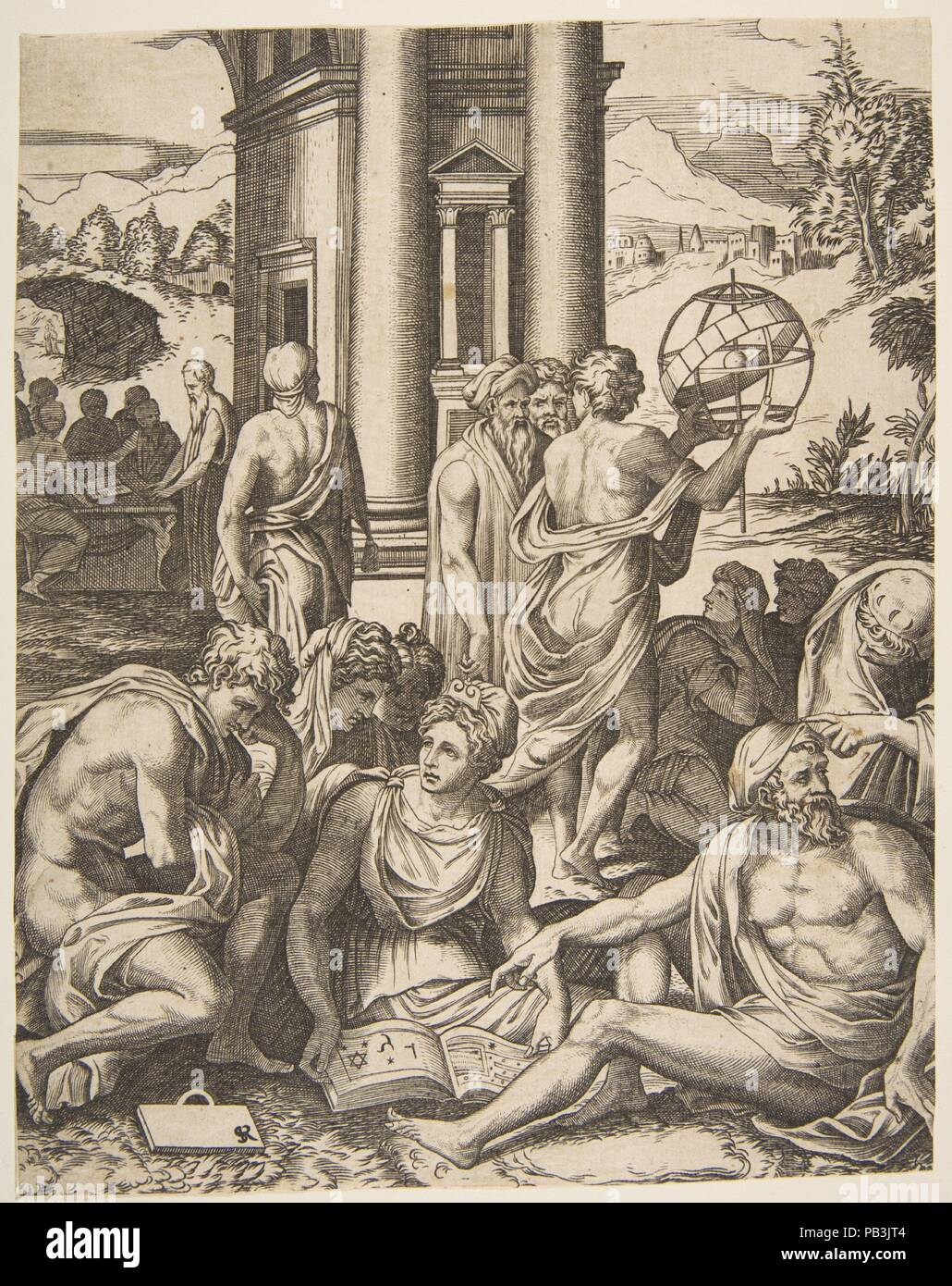 General de hombres y mujeres sabios reunidos en torno a un libro abierto, en el middle ground un hombre sostiene a flote una esfera armillary, otro grupo de estudiosos en el fondo. Artista: Marco Dente (Italiano, Ravenna, activo en 1515 habían muerto 1527 Roma); después Francesco Salviati (Francesco de' Rossi) (italiano, Florencia, Roma, 1510-1563). Dimensiones: Hoja (Recortado): 8 11/16 x 6 7/8 in. (22 × 17,4 cm). Fecha: ca. 1515-27. Museo: Museo Metropolitano de Arte, Nueva York, Estados Unidos. Foto de stock