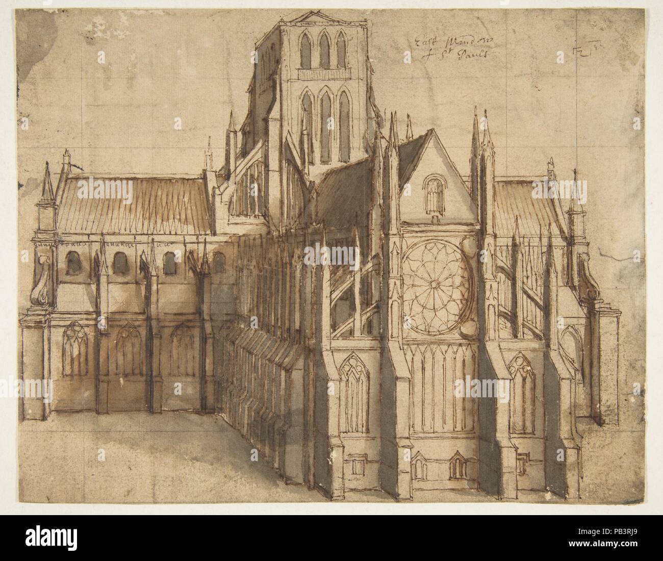 Antigua Catedral de San Pablo, Londres, visto desde el este. Artista: Wenceslao grite (Bohemia Praga, Londres, 1607-1677). Dimensiones: hoja: 6 15/16 x 8 13/16. (17,7 x 22,4 cm). Fecha: 1656-58. Esta detallada, que evoca el dibujo de un importante monumento arquitectónico Británico, actualmente desaparecido, se refiere a una comisión que la artista trabajó en entre 1656 y 1658. El anticuario William Dugdale (1605-1686) había solicitado grite para crear un conjunto de catorce fotos que documentan el interior y el exterior de la antigua catedral de San Pablo, Londres. Estos eran para ilustrar Dugdale es innovadora publicación "El Foto de stock