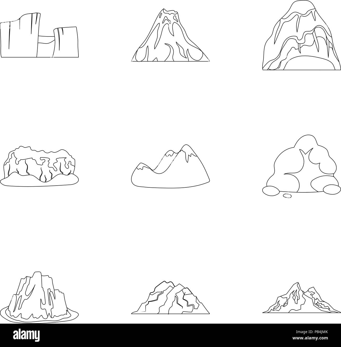 Avalancha, cueva,colección,crack,diferentes,césped,gris,hielo,icono,iconos,ilustración,aislado,logotipo,macizo,montaña,montañas,objeto,esbozo,rock,mesas,juego,Sharp,firmar,nieve,piedra,verano,el símbolo,top,túnel,vector,agua,web,invierno, Vector vectores , Ilustración del Vector