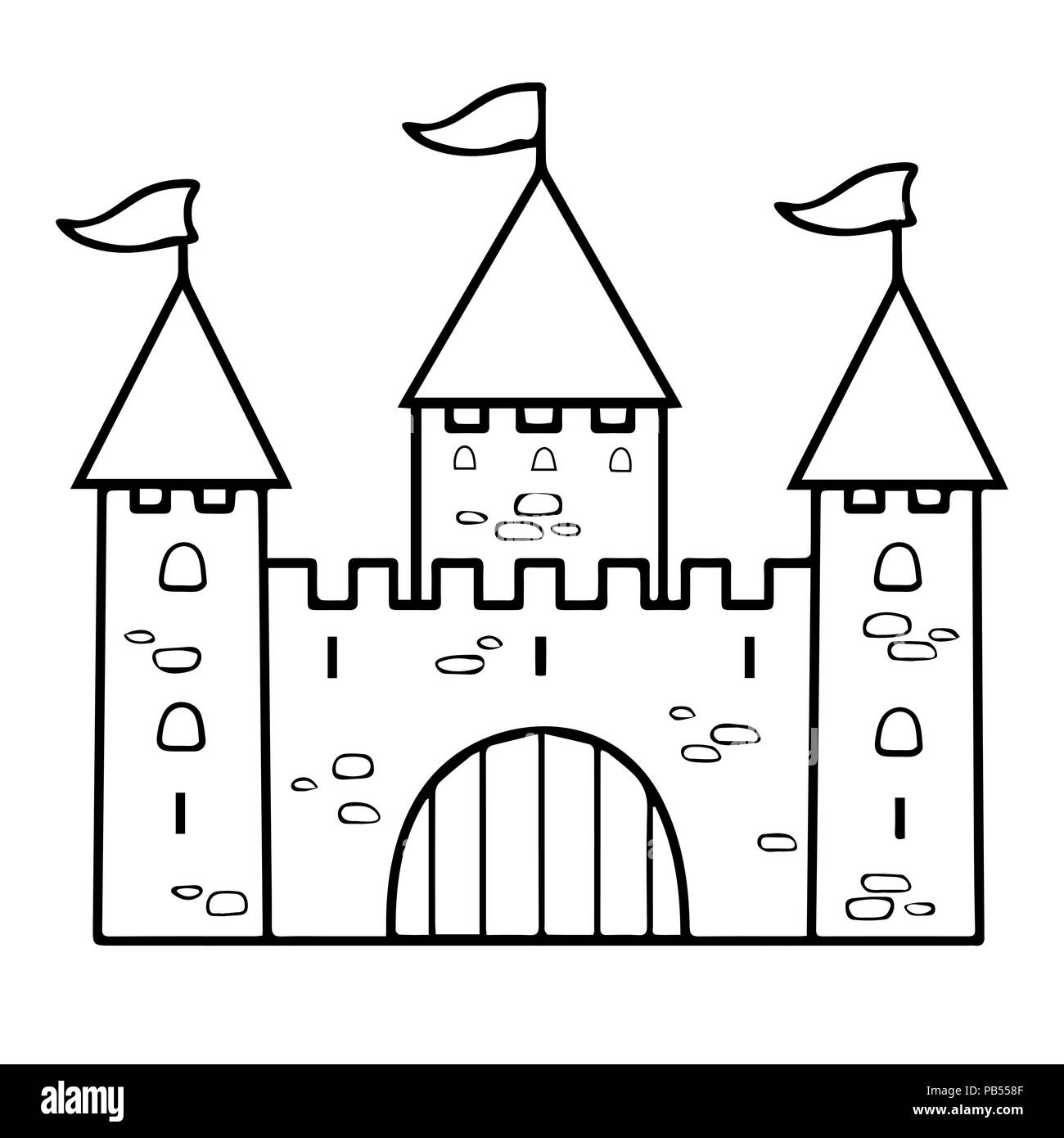 Castillo de dibujo lineal de dibujos animados, la coloración, el esbozo,  contorno, boceto simple, en blanco y negro ilustración vectorial. Dibuja el  palacio con tres torres con tag Imagen Vector de stock -