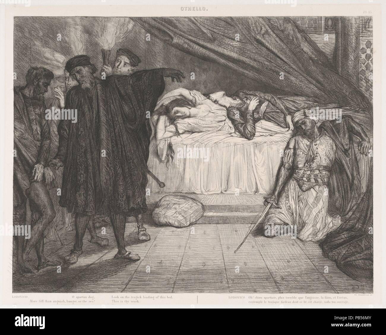 'O Spartan dog': placa 15 de Othello (Acto 5, escena 2). Artista: Théodore Chassériau (francés, Le Limon, Santo Domingo, Indias Occidentales de París 1819-1856). Dimensiones: hoja: 25 x 19 1/4 pulg. (63,5 x 48,9 cm) placa: 12 5/8 x 15 7/8 pulg. (32,1 x 40,4 cm) Imagen: 11 5/16 x 14 5/8 pulg. (28,7 x 37,2 cm). Series/Cartera: Suite de 15 impresiones: la obra de Shakespeare Othello / Quinze Esquisses à l'eau forte dessinées et gravées par Théodore Chasseriau. Asunto: (británico William Shakespeare, Stratford-upon-Avon 1564-1616 Stratford-upon-Avon). Fecha: 1844. En 1844 Eugène Piot encargó al joven Chassériau a p Foto de stock
