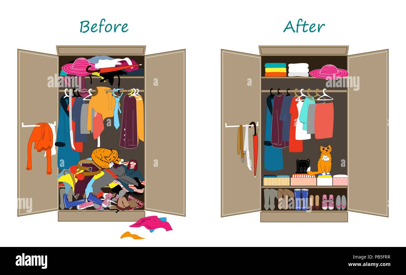Antes y después de desorden ordenado armario. Arrojados de ropa sucia en un estante y después decluttering, cuando la mayoría de la ropa es cuidadosamente plegada en cajas Ilustración del Vector